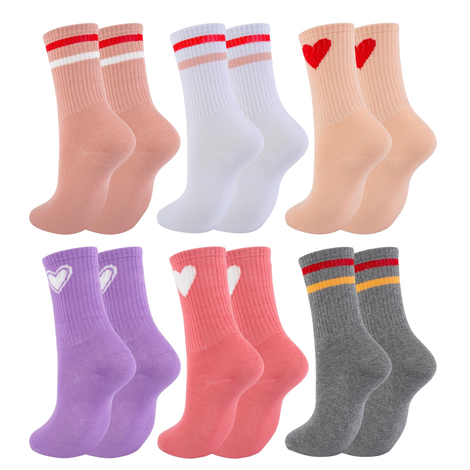 WEESTAAMO 6 Paar Tennissocken Kinder Mädchen Bunt - Retro Sportsocken Baumwolle Crew Socks mit Streifen - Atmungsaktive Socken Set (Teenager & Kids)