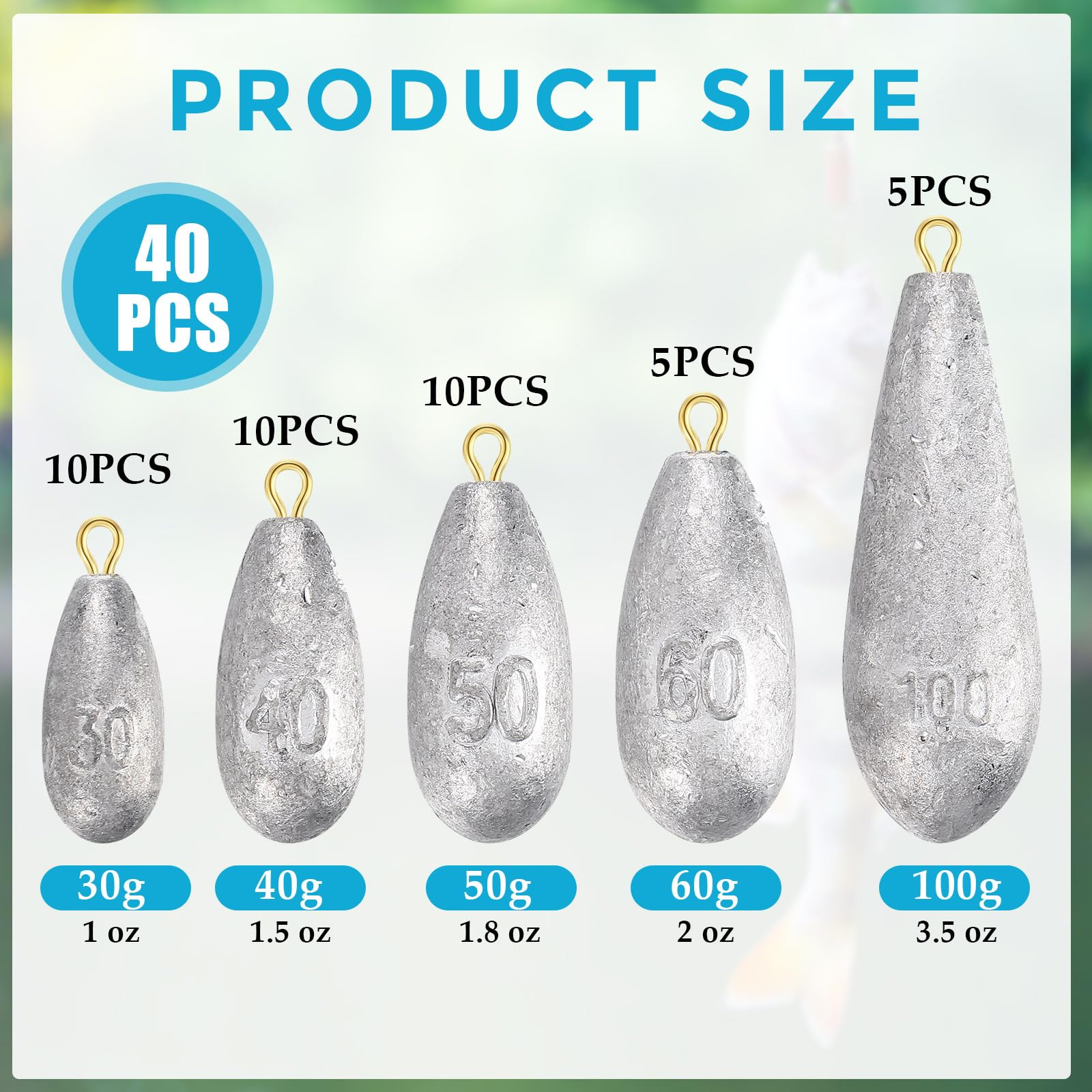 Hiboom Drop Shot Fishing Weights Sinker Kit 1oz, 1.5oz, 1.8oz, 2oz, 3.5oz Deep Drop Weights Streamlined Shape Sinker for Saltwater Catfishing Removable Bass Casting Fishing Accessory Rig