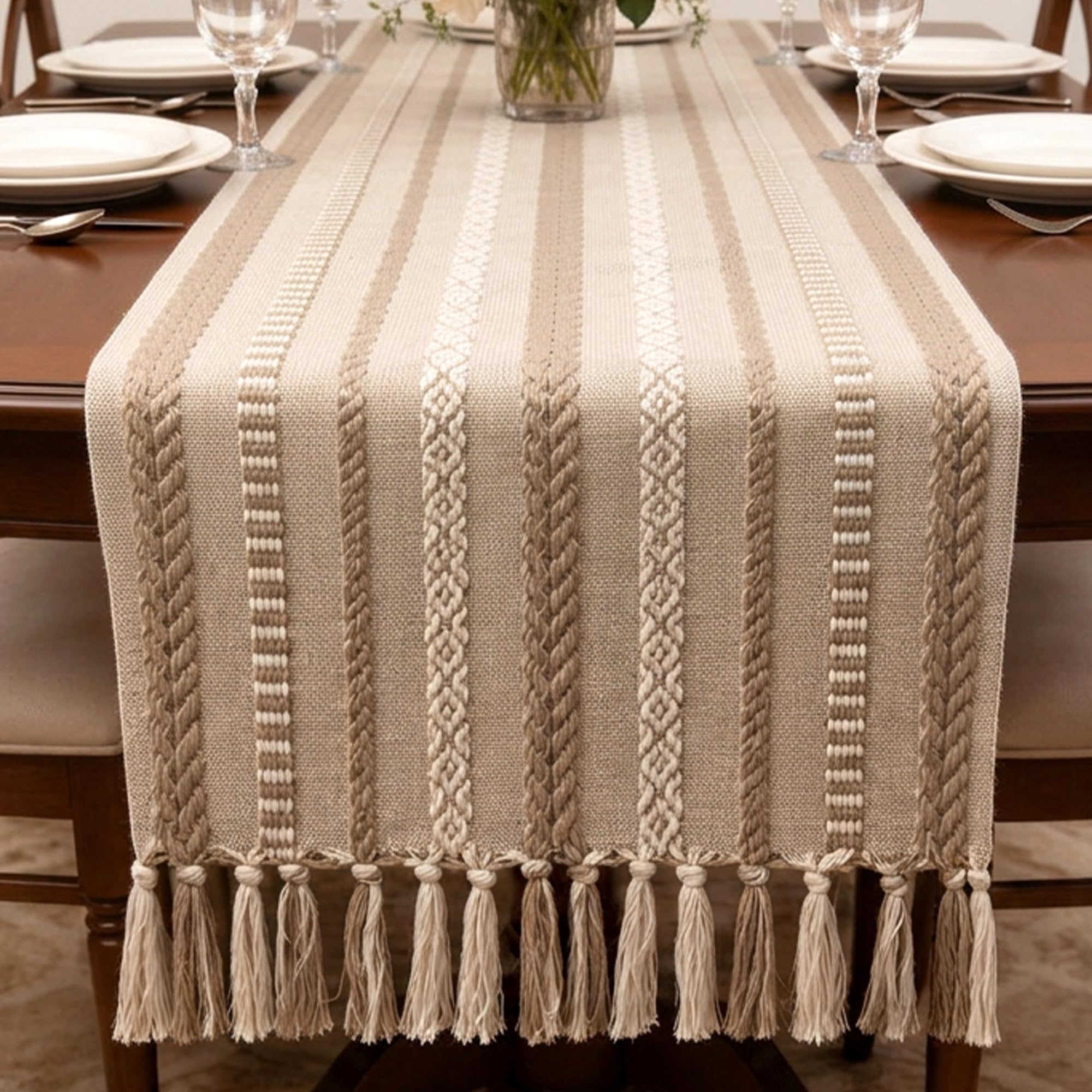 Encasa XO Cotton Boho Table Runner for Dining Table 4 Seater, 13x59 in, Jacquard Handcrafted Runner with Tassels | Rustic Dining Table Decor Ideal for Dining Tables, Parties & Events (Beige)-picture-21