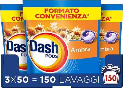 Dash Pods Detersivo Lavatrice In Capsule, 150 Lavaggi (3x50), Ambra, Rimuove le Macchie, Igienizza, Dona Freschezza, Brillantezza Per I Capi