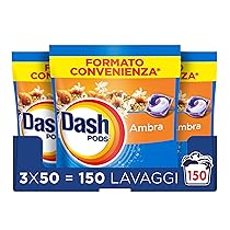 Dash Pods Detersivo In Capsule, 3×50 Lavaggi, Ambra, Rimuove le Macchie, Igienizza, Dona Freschezza, Brillantezza Per I Capi