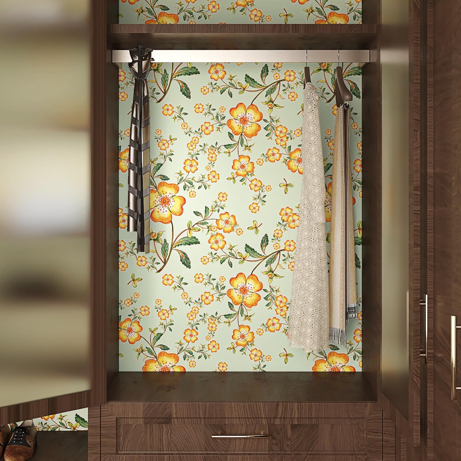 24"x118" Yellow Floral Wallpaper Peel and Stick Floral Contact Paper for Cabinets Walls Flower Wallpaper for Bedroom Bathroom emovable Botanical Contact Paper Mural Vinyl Roll