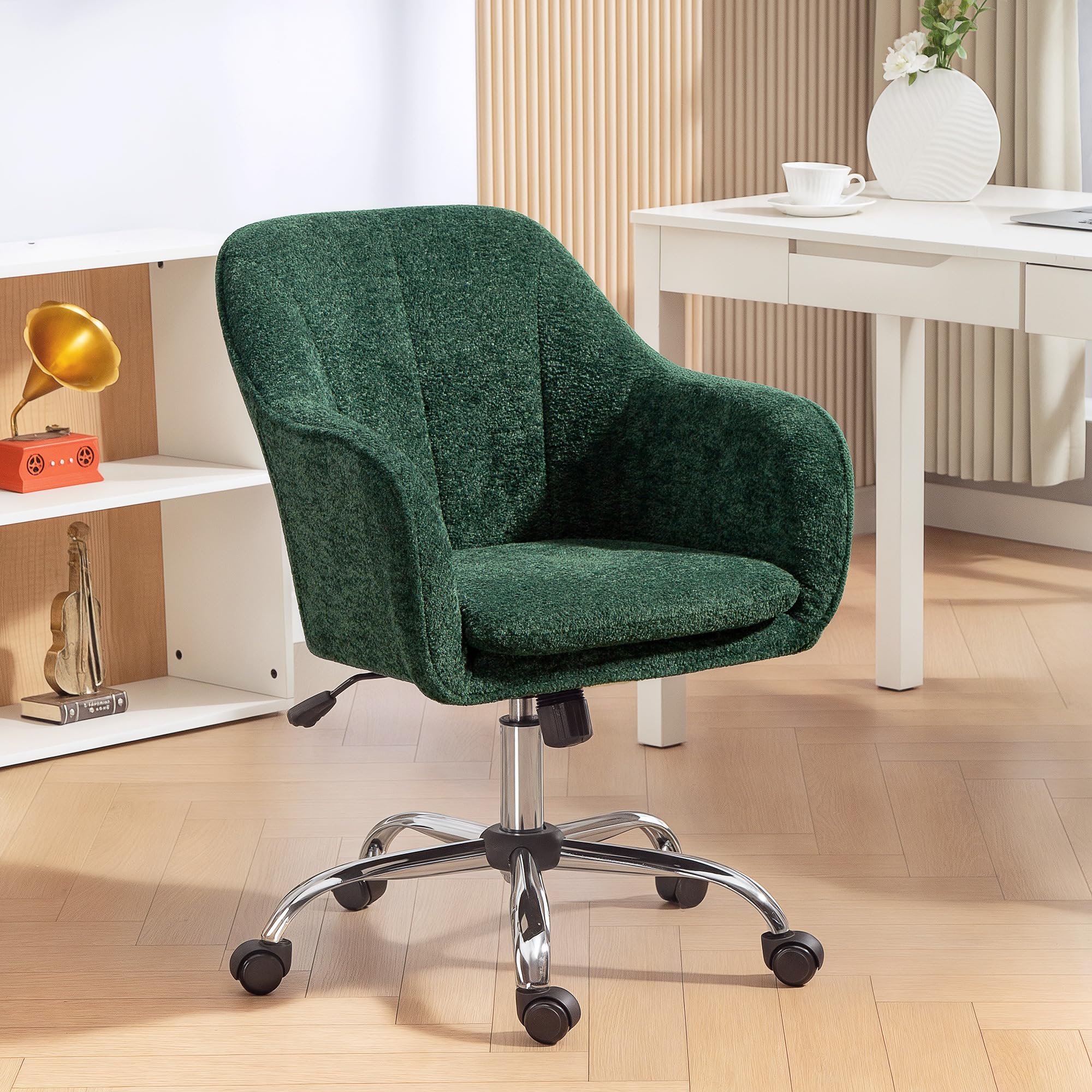 HOMCOM Snow Flannel Office Chair Makeup Vanity Chair Wheeled Dark Green — image 1