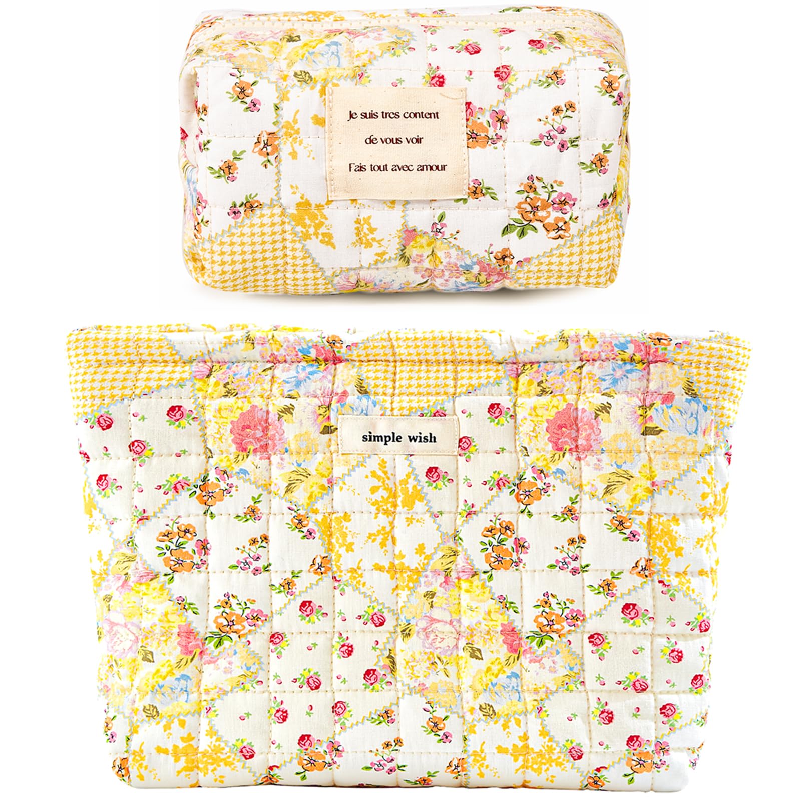 Sminra 2 Pieces Floral Makeup Bag, Cute Travel Quilted Pouch Cosmetic Bag Organizer, Small Cotton Coquette Aesthetic Purse Toiletry Bag for Women