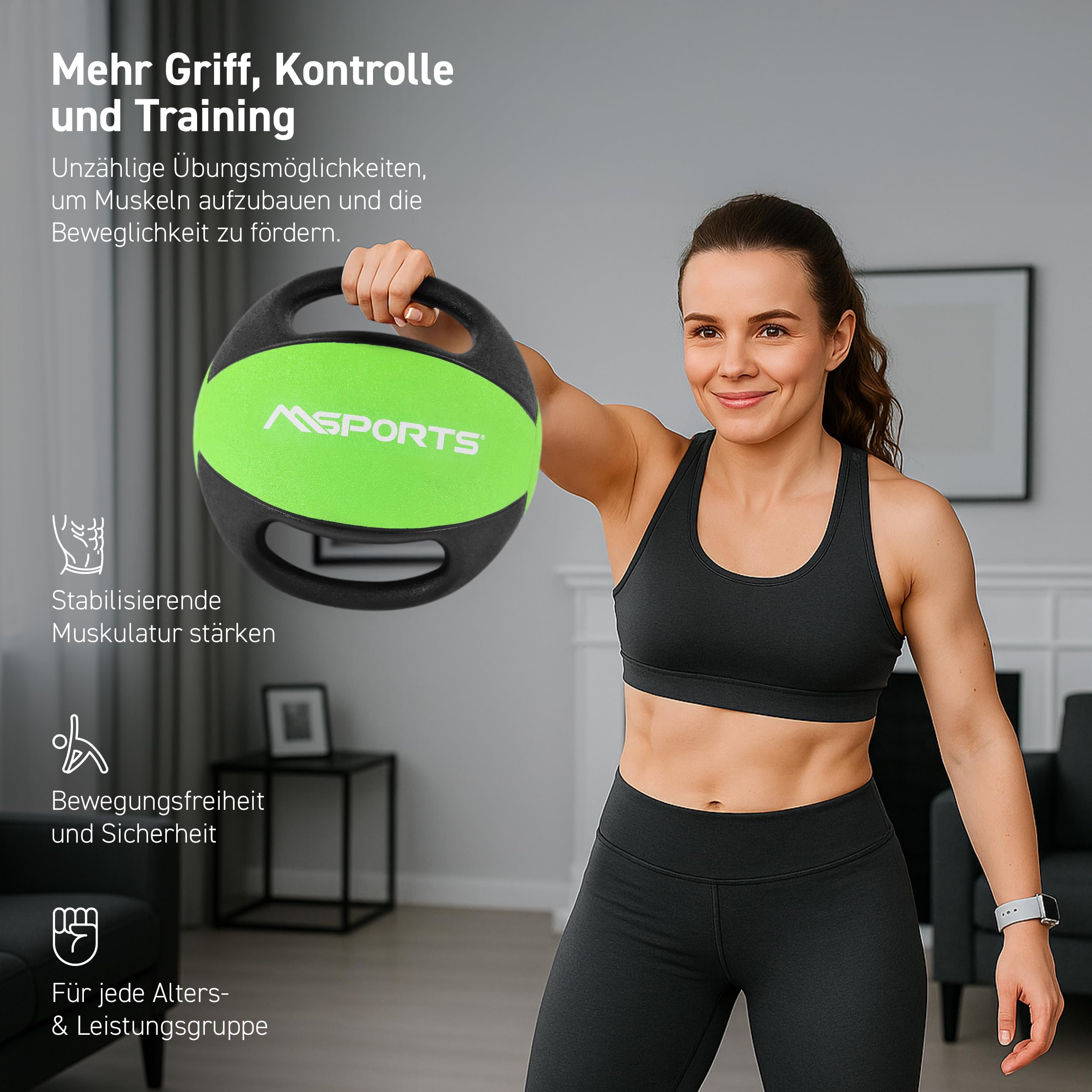 Piłka lekarska premium z uchwytami, 1 – 10 kg, profesjonalna jakość do studia gimnastycznego (4 kg – zielona)