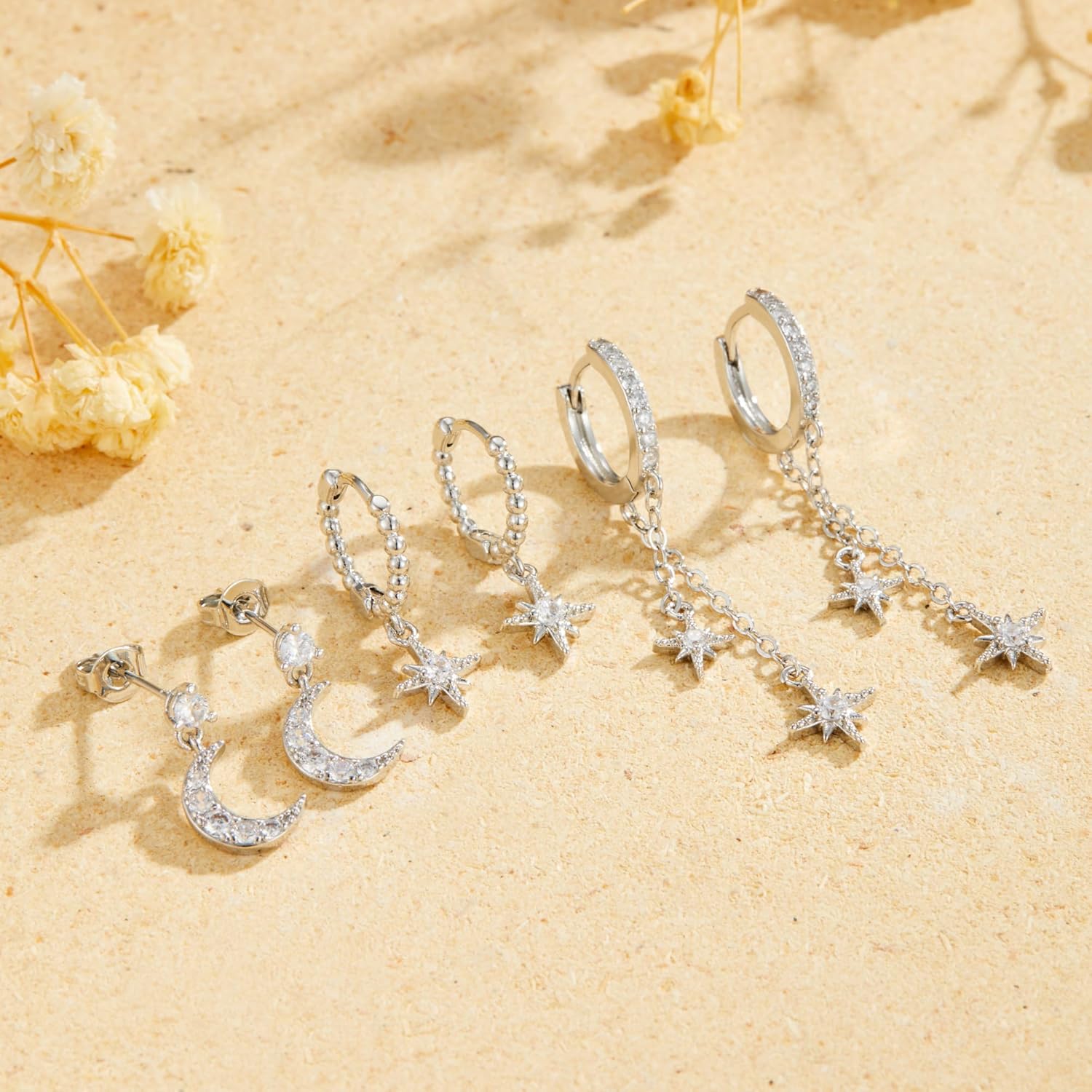 3 Pair 14K Gold Plated Celestial Earrings Set for Women Moon and Star Cubic Zirconia Earring Stacks Hoop Chain Dangle Multiple Piercing Earrings Trendy Non Tarnish Jewelry Gifts - Image 5