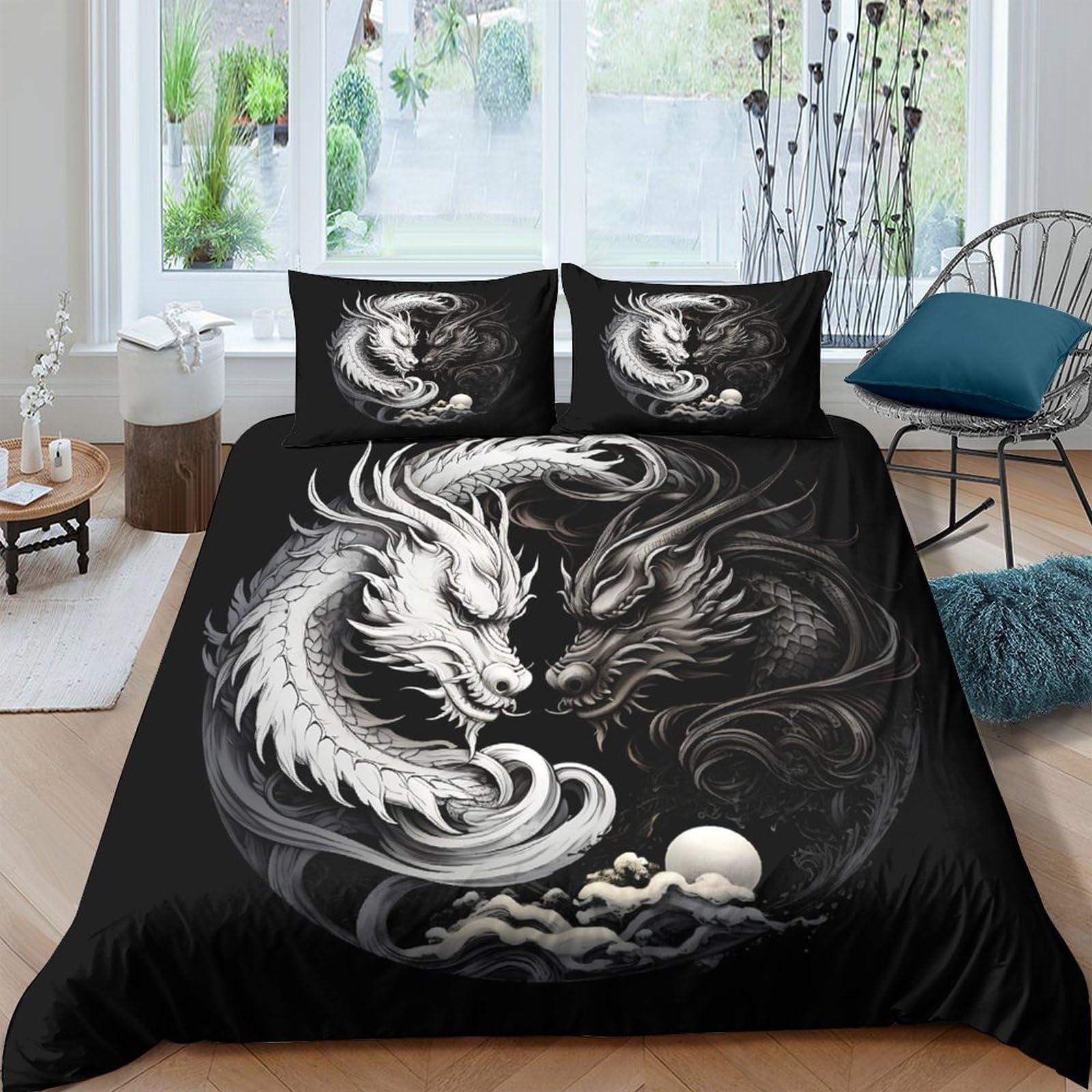 P5V6M1Q9 3D Printed White Black Dragon Duvet Cover Microfiber Soft Breathable Yin Yang Bedding Set with 2 Pillowcases for Bedroom Decor, Single（135x200cm）