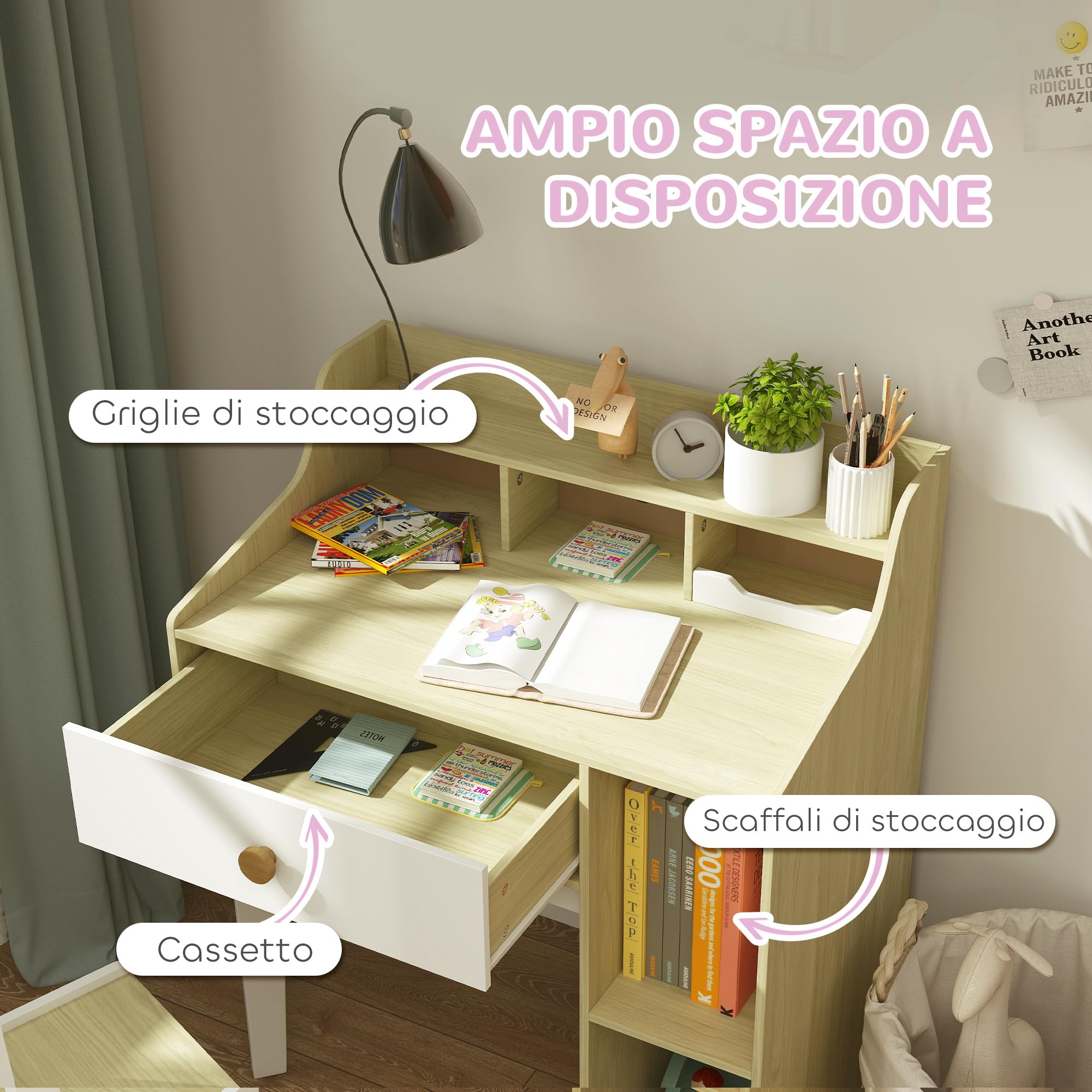 AIYAPLAY Set Scrivania per Bambini di 3-10 Anni e Sedia in MDF, Banco Scuola per Bambini con Ripiani Portaoggetti e Cassetto, Bianco e Legno