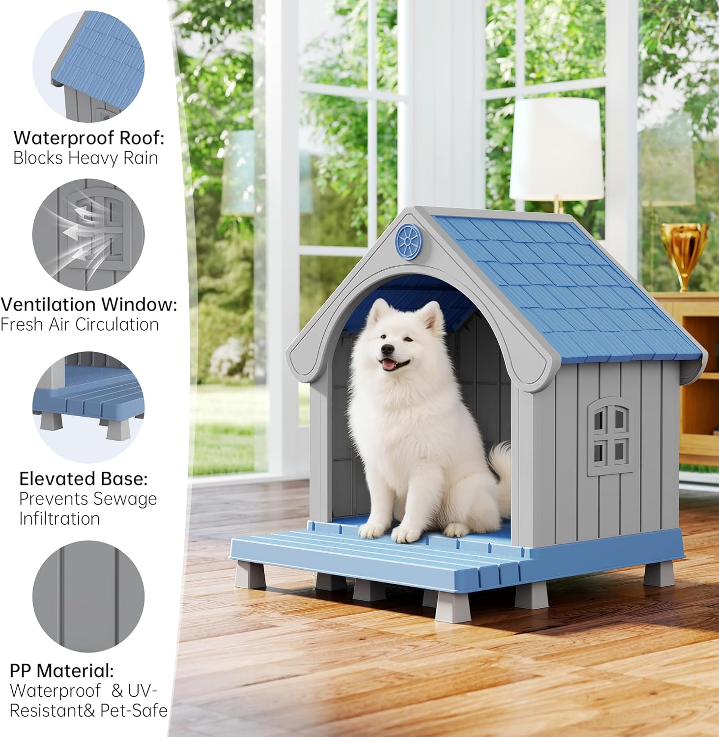Bifanuo Dog House Outdoor Weatherproof with Porch for Small Medium Dogs, Durable Plastic Pet House with Sloping roof and Elevated Floor, Easy Cleaning and Assemble (Blue)