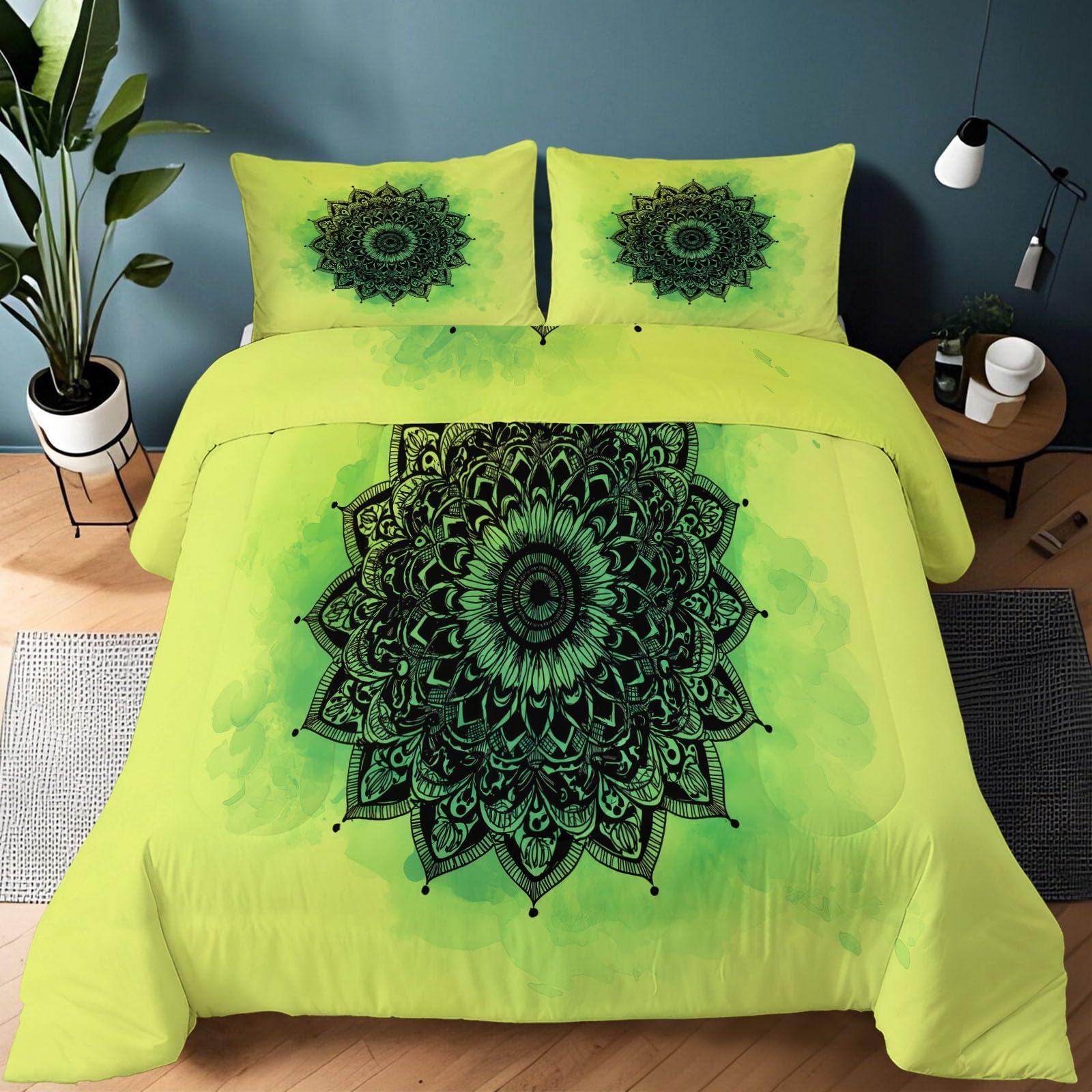 Couette respirante et douce 240x260 cm mandala vert pour 4 saisons