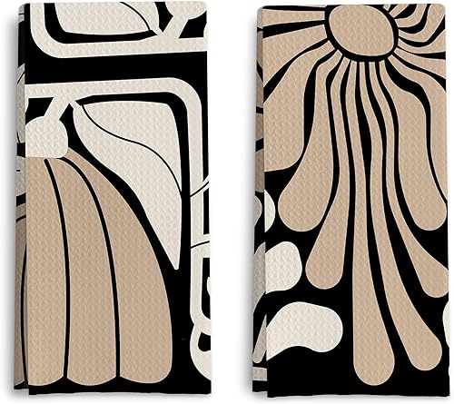 Miniatura 8 de Juego de 2 toallas de cocina florales abstractas bohemias rosas y beige, toallas de mano florales groovy retro de los años 70 para decoración de