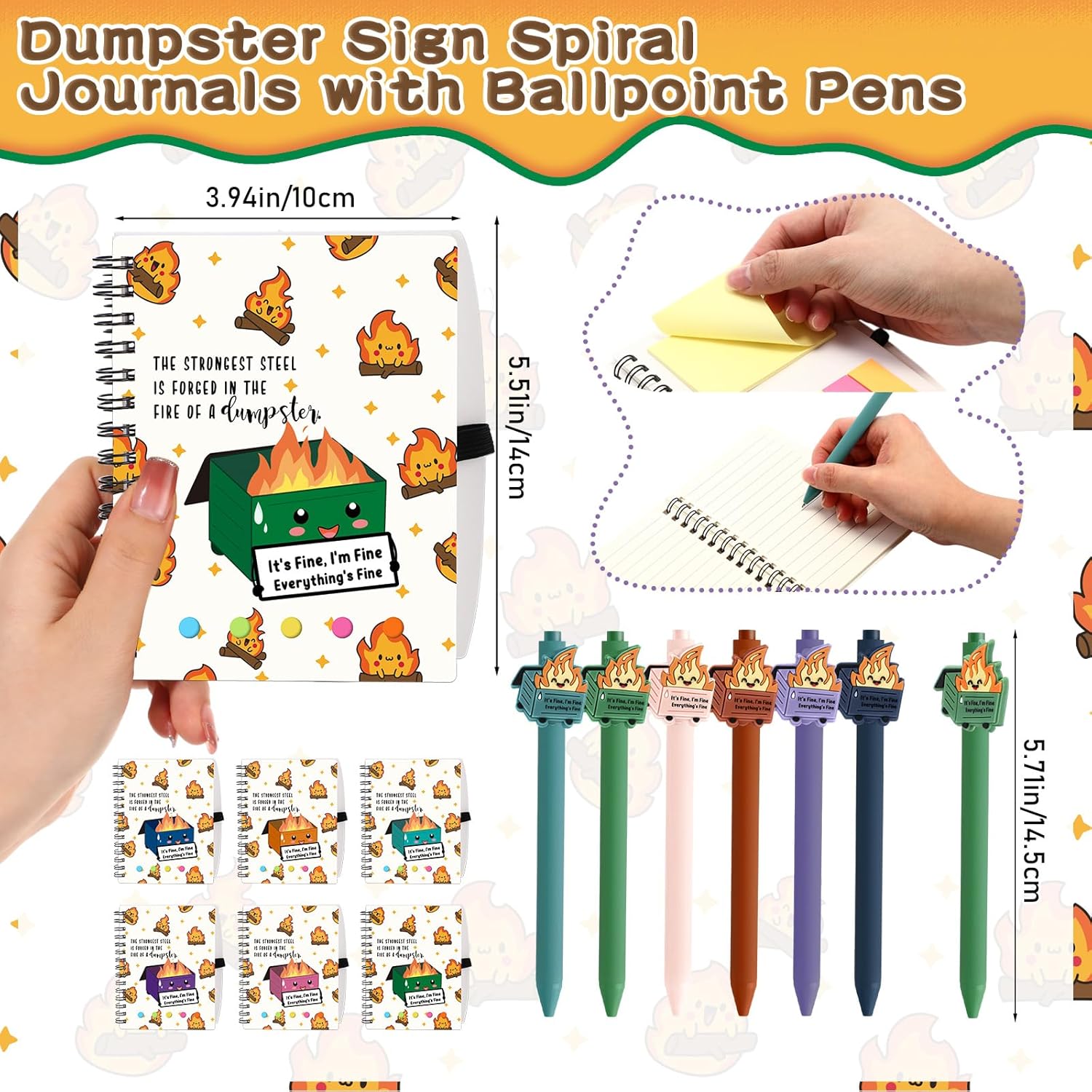 48 Pcs Dumpster Fire Gifts Bulk A6 Dumpster Fire Notebook Journals with Funny Ballpoint Pens Employee Appreciation Gifts for Coworker 911 Dispatcher Volunter Graduation Nurses Office Staff (Colorful)