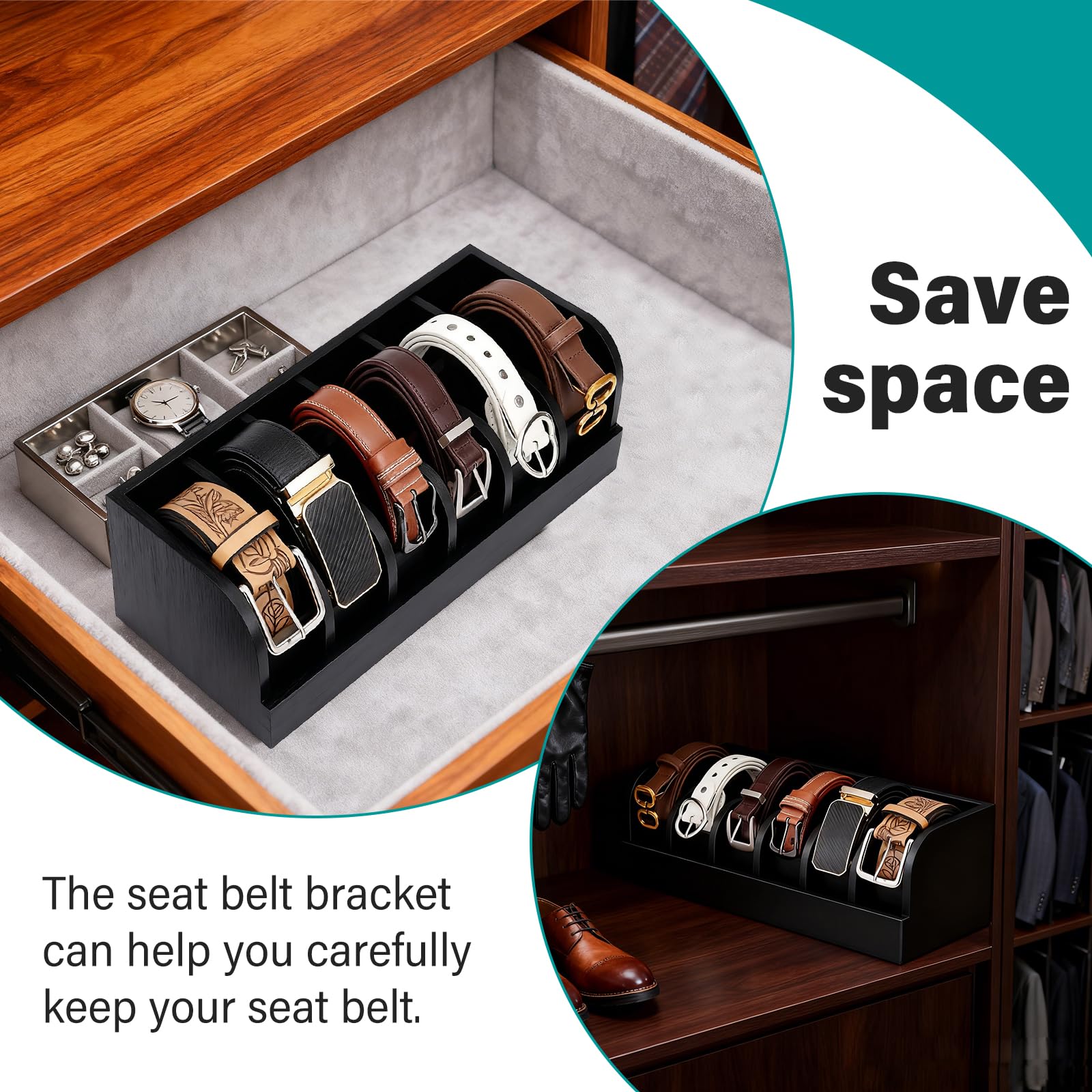 Scatola per cintura in legno, organizer per cintura con 7 scomparti, scatola per display, scatola per armadio e cassetto, scatola per uomini e donne, cravatta, papillon, gioielli (nero)