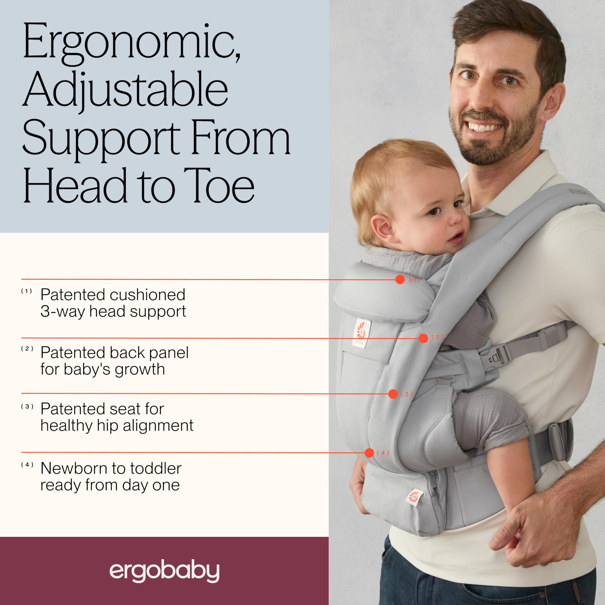 Ergobaby Omni Deluxe All-in-One Baby Carrier for Newborns from Birth up to 20kg, Ergonomic 4-Position Cotton Baby Carrier Back Carrier Travel System, Pearl Grey — view 3