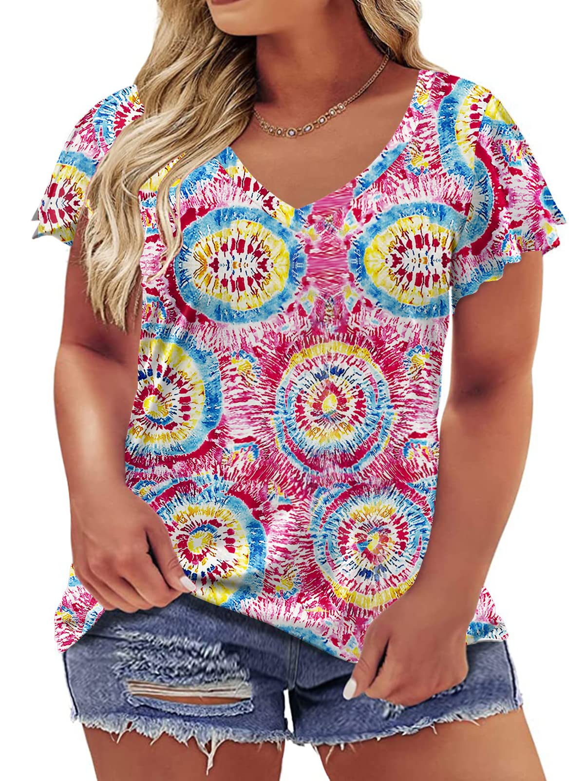 ROSRISS Womens Plus-Size Tops Summer Ruffle Short Sleeve Shirts Casual V Neck Tunics