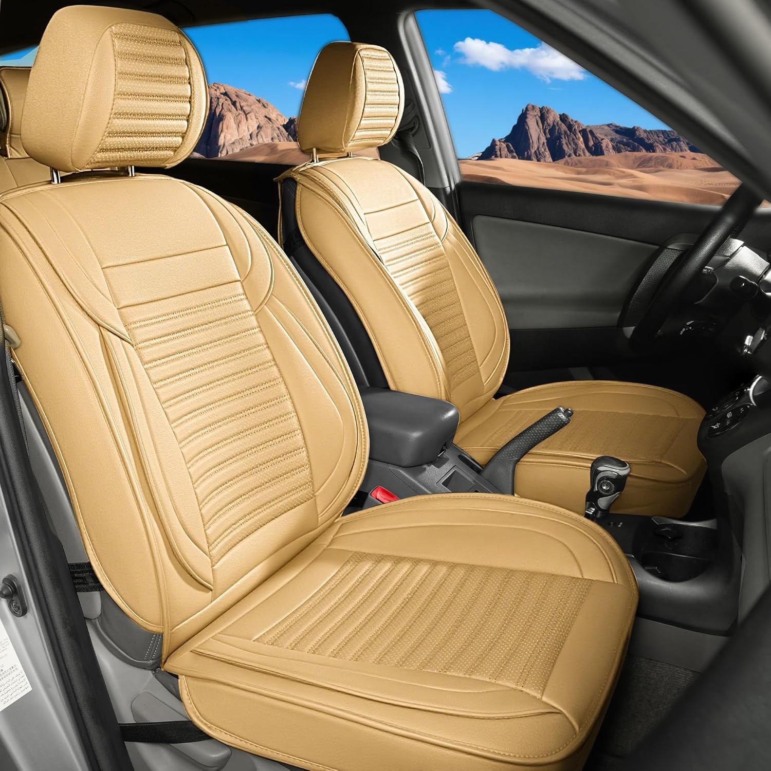 LINGVIDO Car Seat Covers, Breathable and Waterproof Faux Leather Automotive Seat Covers for Cars SUV Pick-up Truck Sedan,Universal Anti-Slip Driver Seat Cover with Backrest (Full Set, Beige) Beige Full set
