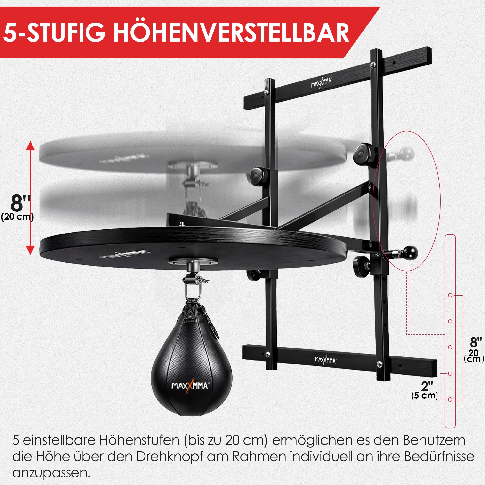 MaxxMMA Speed Bag Platform Kit für Intensives Boxtraining, zur Wandmontage, Höhenverstellbar, Stabile 24" Holzplattform, Ideal für das Heim-Fitnessstudio + patentierter Reaktionsball
