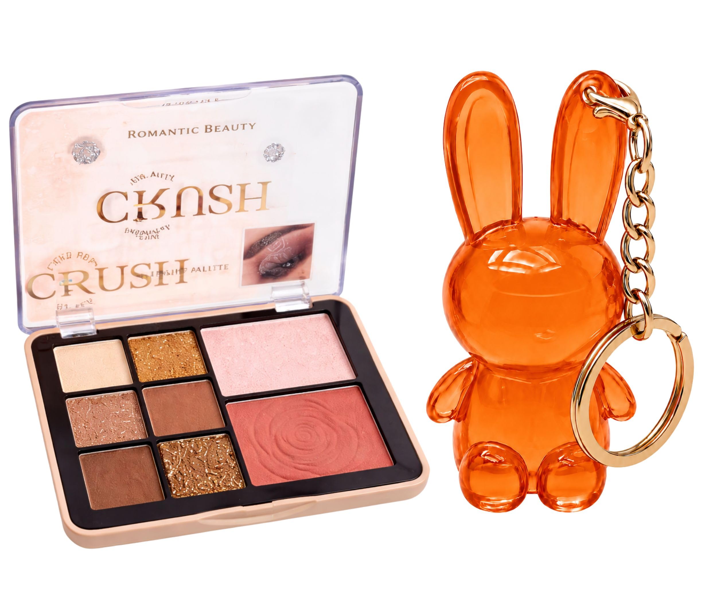 Romantic Beauty Crush Eyeshadow Palette and Cute Bunny Lip Gloss Keychain Combo Set | Multi-Color Eye Makeup Kit with Highlighter, Blush & Moisturizing Lip Oil Keyring for Girls and Women-image-14