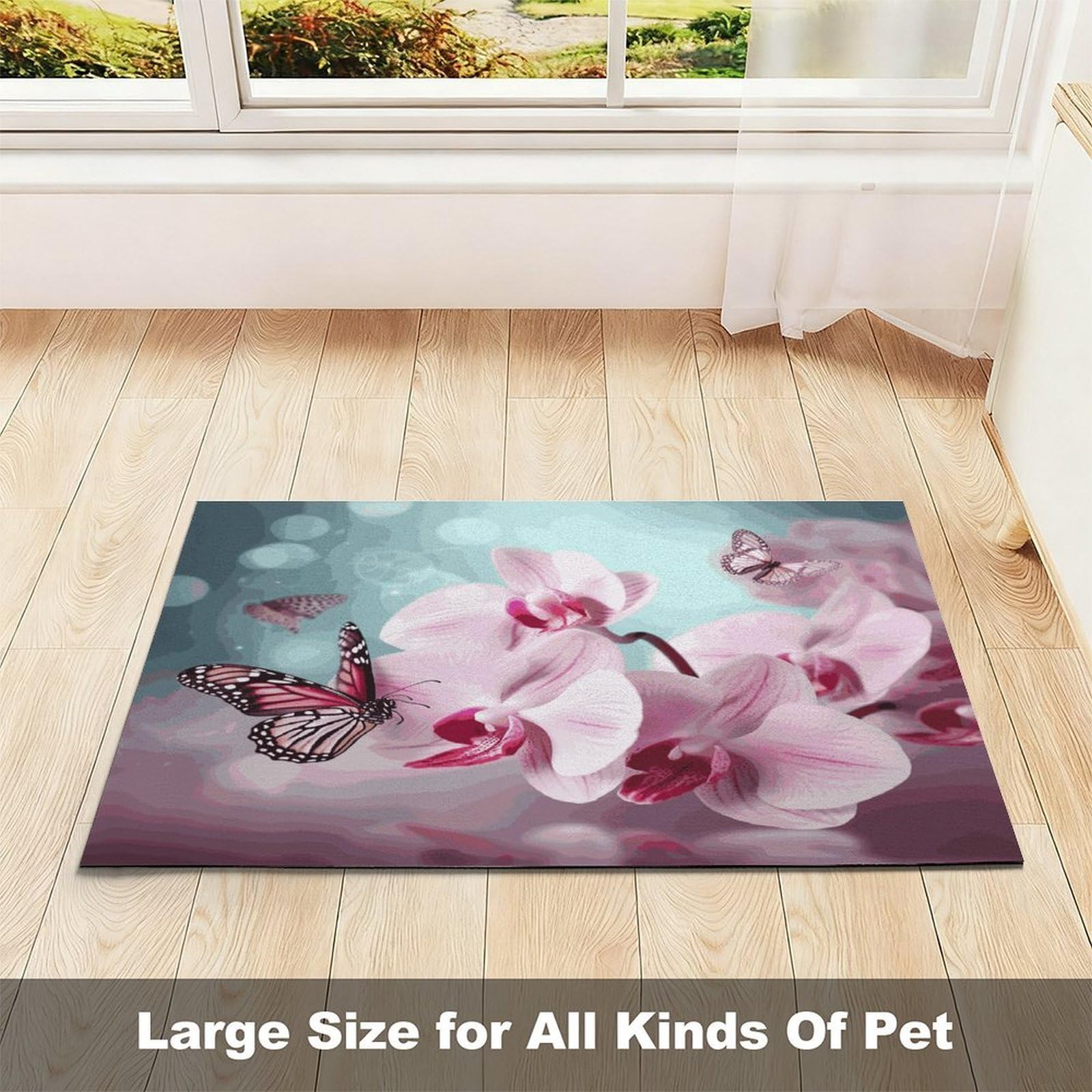 Tapis de nourriture pour chat avec fleur d'orchidée, papillon - Tapis d'alimentation antidérapant - Facile à nettoyer pour la nourriture et l'eau - 43,2 x 76,2 cm