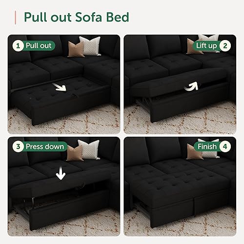 Miniatura 6 de HONBAY Sofá cama modular modular con cama extraíble, sofá convertible en forma de L de terciopelo con asiento de almacenamiento, sofás seccionales