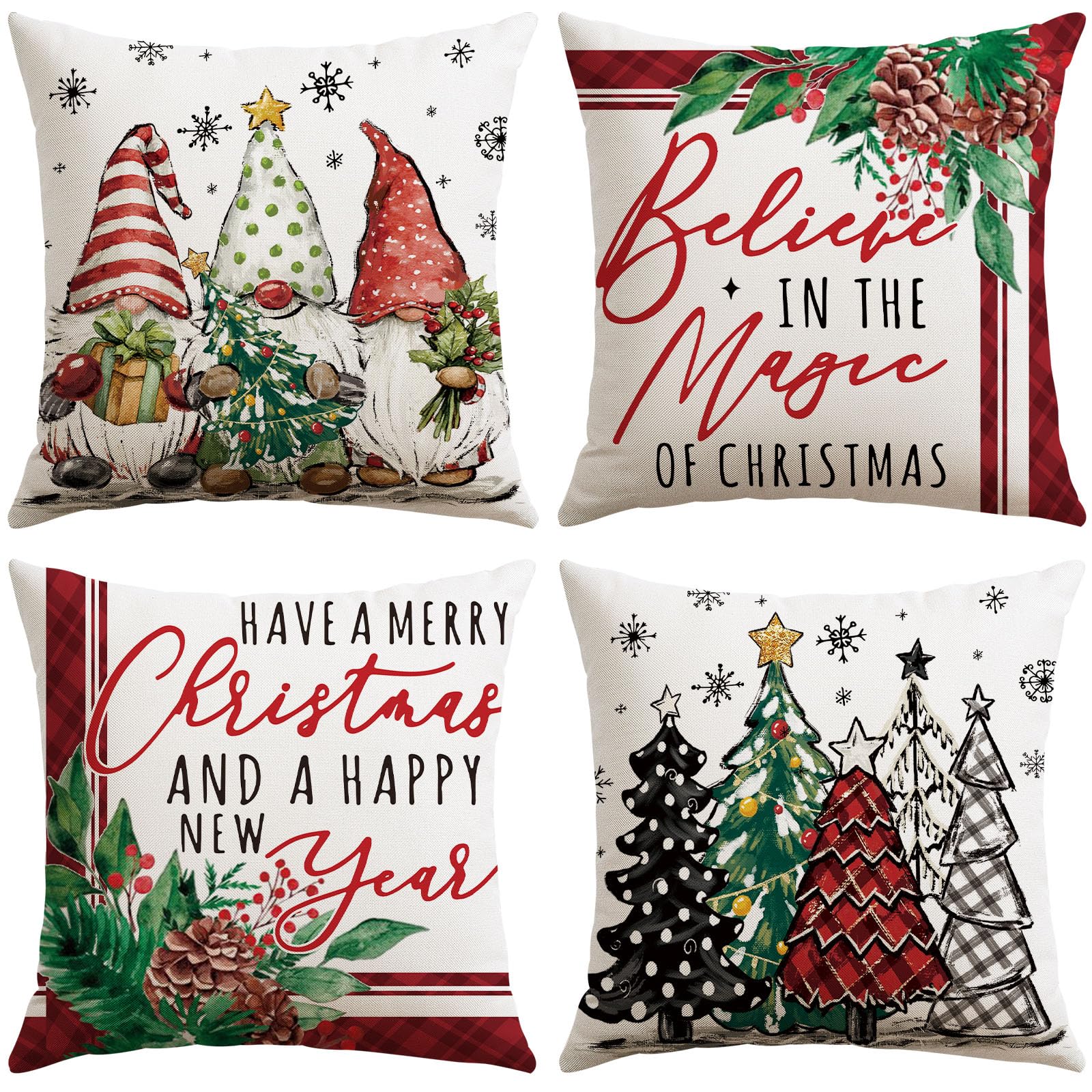 JOTOM Christmas Cushion Covers 50x50 cm Set of 4 Winter Holiday Decorative Throw Pillow Covers Sofa Merry Christmas Cushion Cases Xmas Trees Decoration for Home Couch Decor (Dwarf Xmas Trees Red)