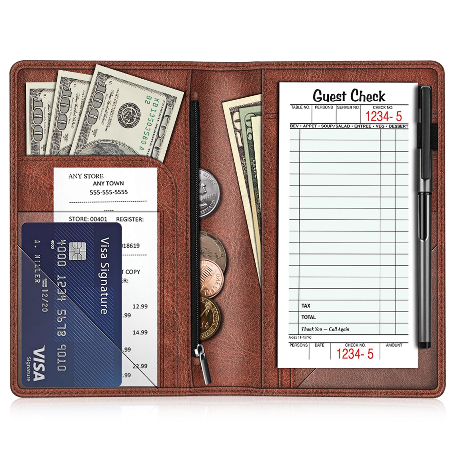 Fintie Server Book Organizer with Zipper Pocket, PU Leather Restaurant Guest Check Presenters Card Holder for Waitress, Waiter, Bartender (Vintage Brown) โ image 1
