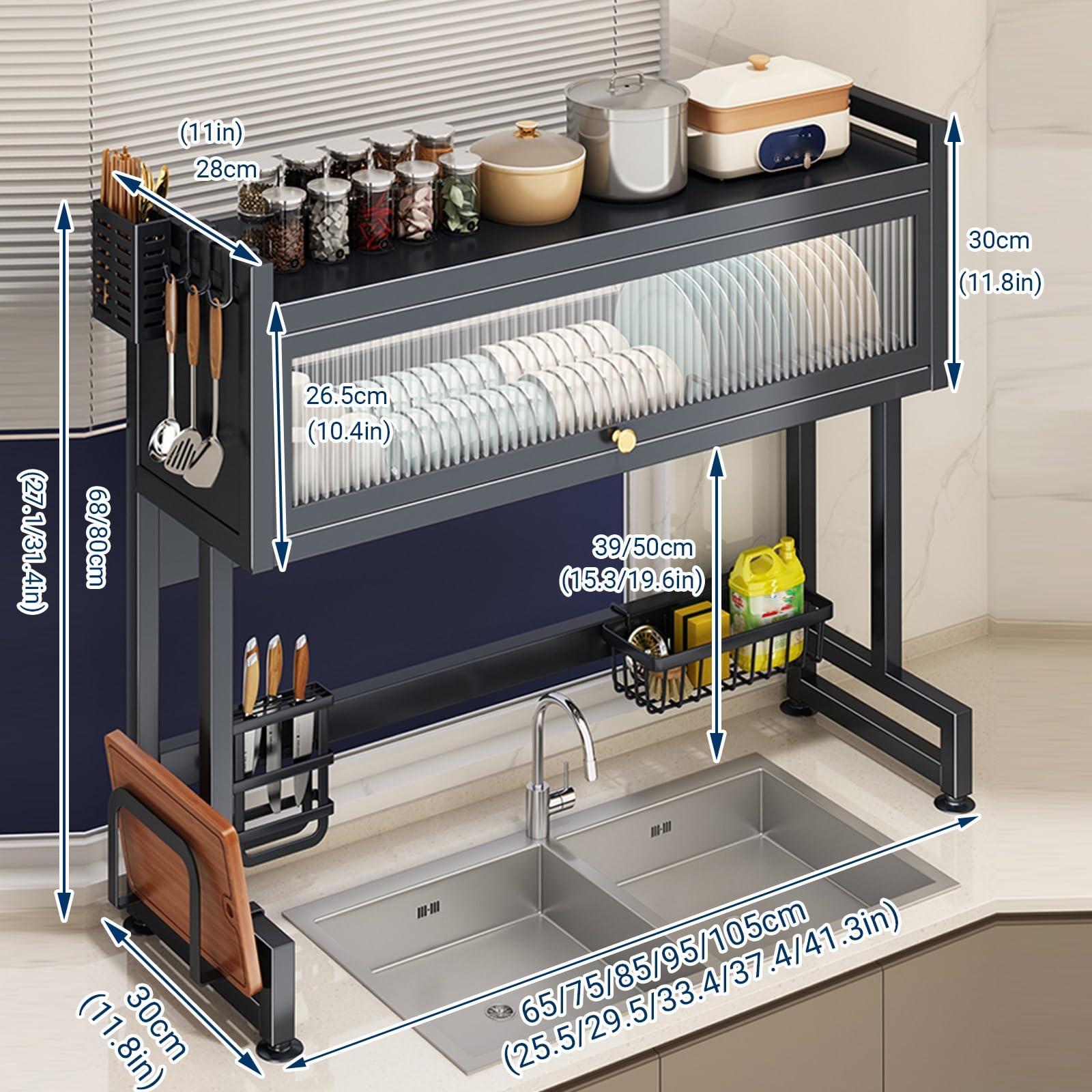 Escurridor de platos sobre fregadero, organizador de cocina de 2 niveles que ahorra espacio con cubierta para platos, vasos, cuencos y cubiertos, versión alta para almacenamiento de cocina