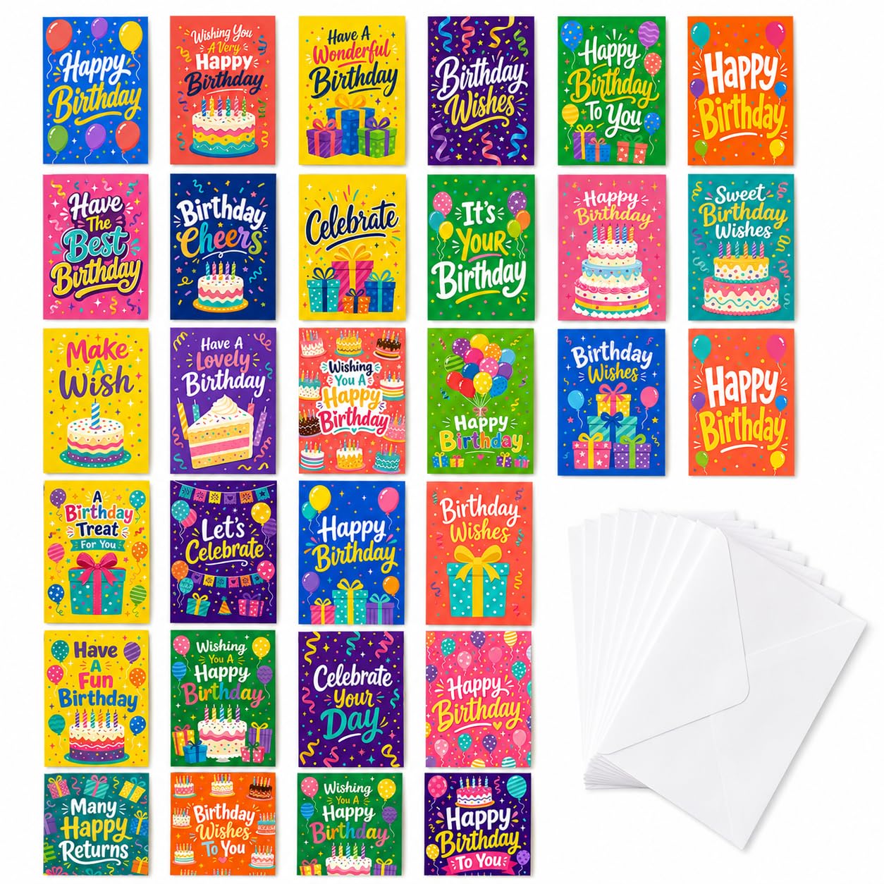 Birthday Cards Set, Bright Cheerful Happy Birthday Cards for Kids and Adults, A6 Folding Cards on 300gsm Pearlescent Sparkle Cardstock with White Envelopes for Men Women Boys Girls