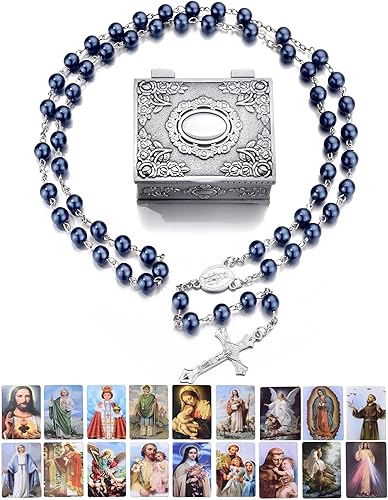 Miniatura 2 de SZQCZB Collar católico con cuentas de rosario, regalos de primera comunión católica, con lujosa caja de metal