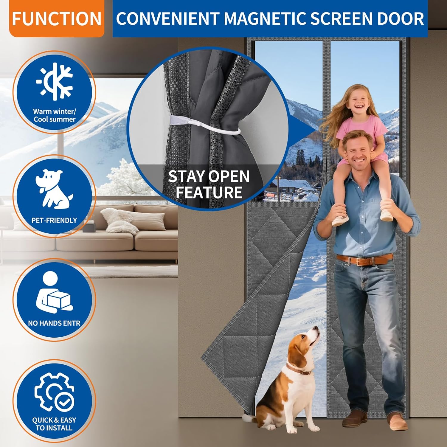 Magnetic Thermal Insulated Door Curtain Fits Door Size 32" x 80" Thermal Doors Cover for Winter with Clear Window Thicken Cotton to Keep Cold Air Out for Front Doorway Home,Grey