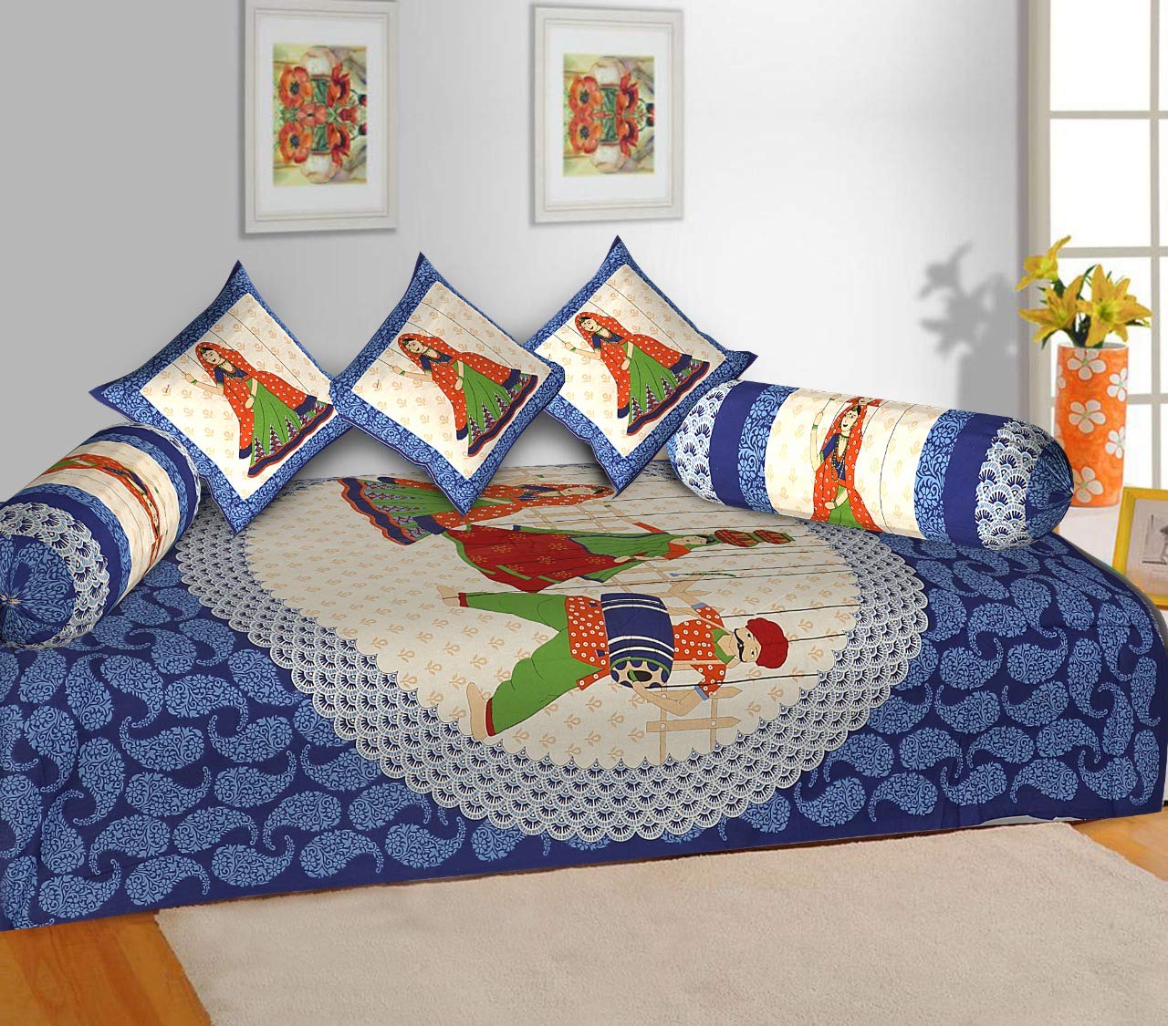 RajasthaniKartClassic 6 Piece 144 TC Cotton Diwan Set, Blue