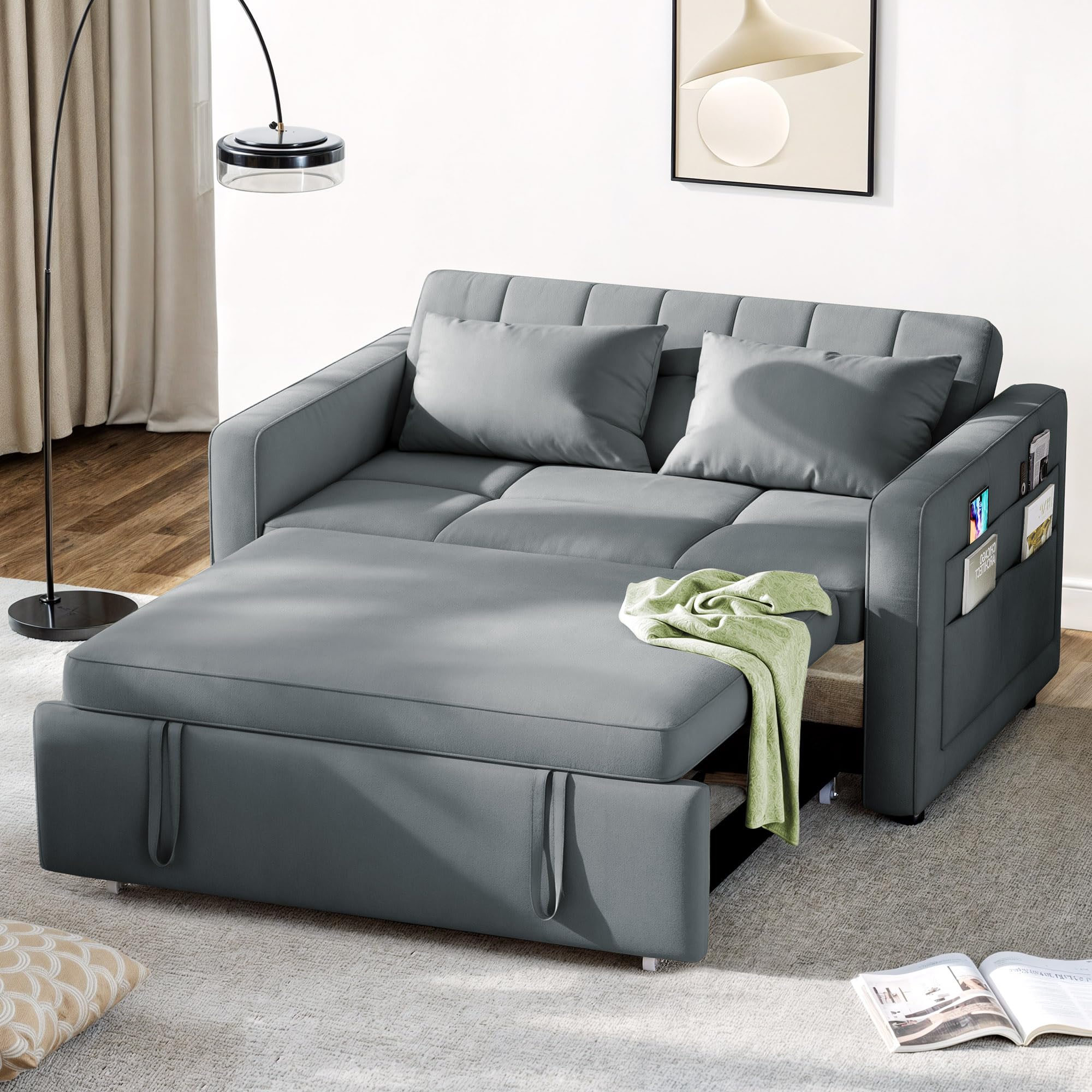 Photo 1 of DWVO 55" Convertible Sofa Bed, 3-in-1 Sleeper Sofa with Pull-Out Bed, Velvet Futon Couch with Adjustable Backrest and Side Pocket, Modern Loveseat for Living Room Apartment, Grey, Full Size