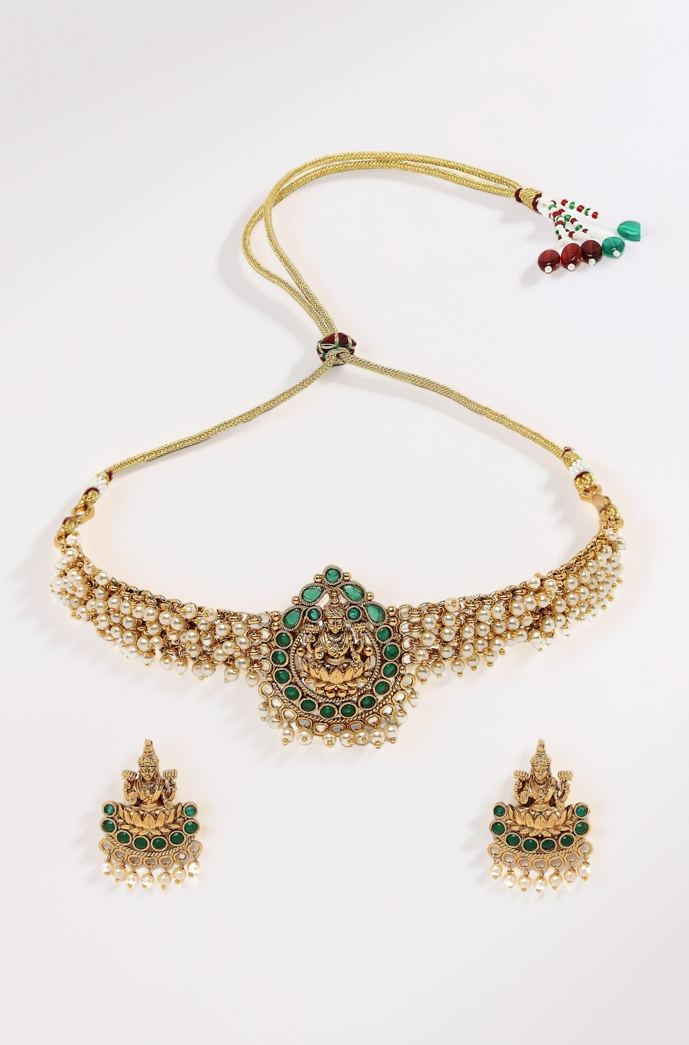 Sparkling Indian Temple Gold Plated Green Beads Choker Necklace Set With Studs Earring | Jewellery Set For Women (NS105622)
