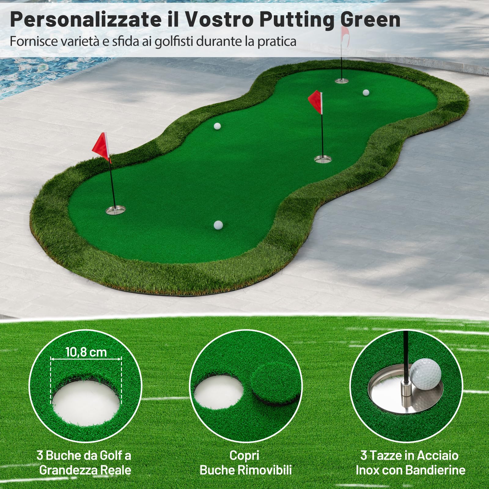COSTWAY Putting Green, Tappetino da Interno per Putting con 3 Buchi e Palline da Golf, Tappetino da Golf per Casa, Ufficio, Giardino e Patio, 300 cm x 150 cm