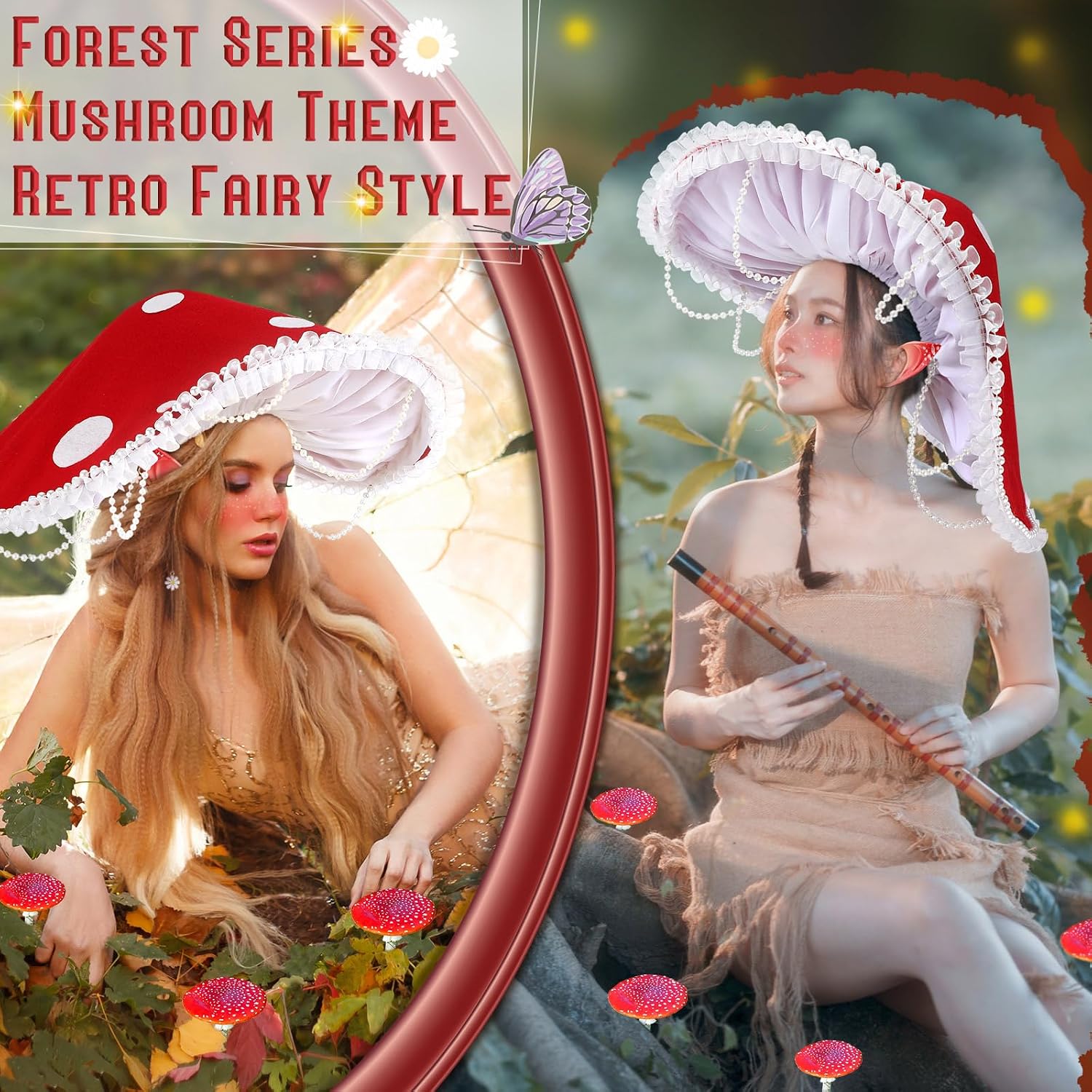 3 Pcs Renaissance Mushroom Accessories Set Medieval Mushroom Hat Elf Ears with Ear Clips Forest Fantasy Accessories