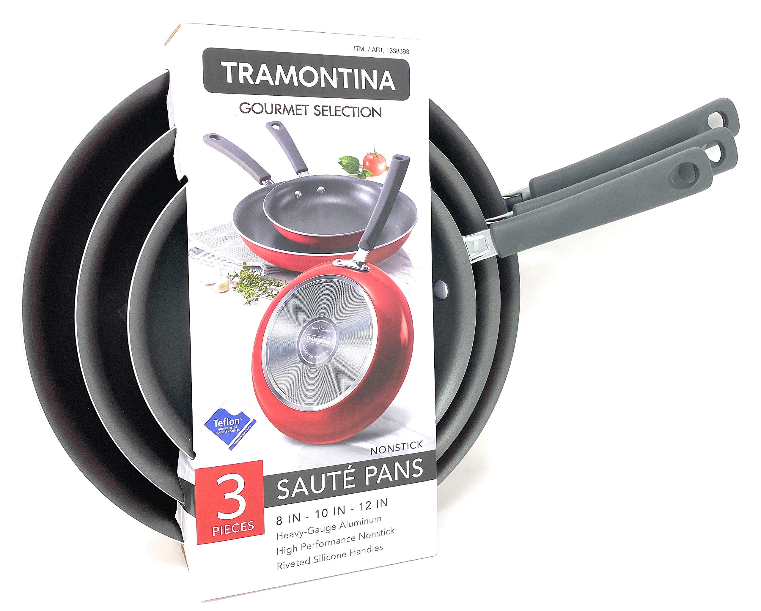 Tramontina Gourmet Selection 3 Piece Set Nonstick Saute Pans (8", 10" & 12") Heavy-Gauge Aluminium High Performance Nonstick Riveted Silicone Handles (Metallic Canyenne Red)
