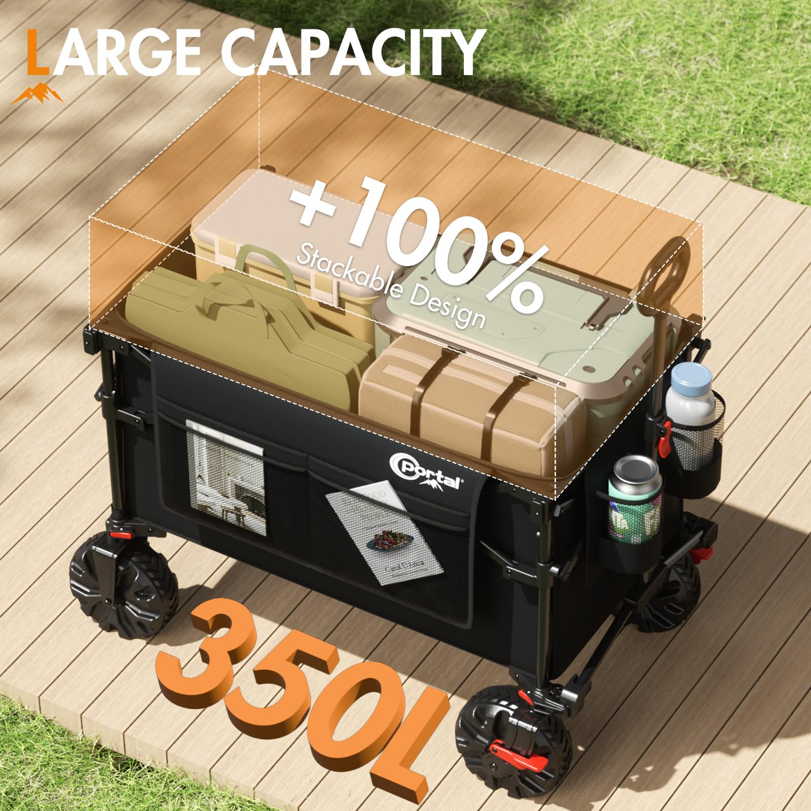 PORTAL Carro plegable con techo 350L 122KG con ruedas extra anchas, plegable rápido, con asa, con portavasos, protección solar para excursiones, playa, camping, compras