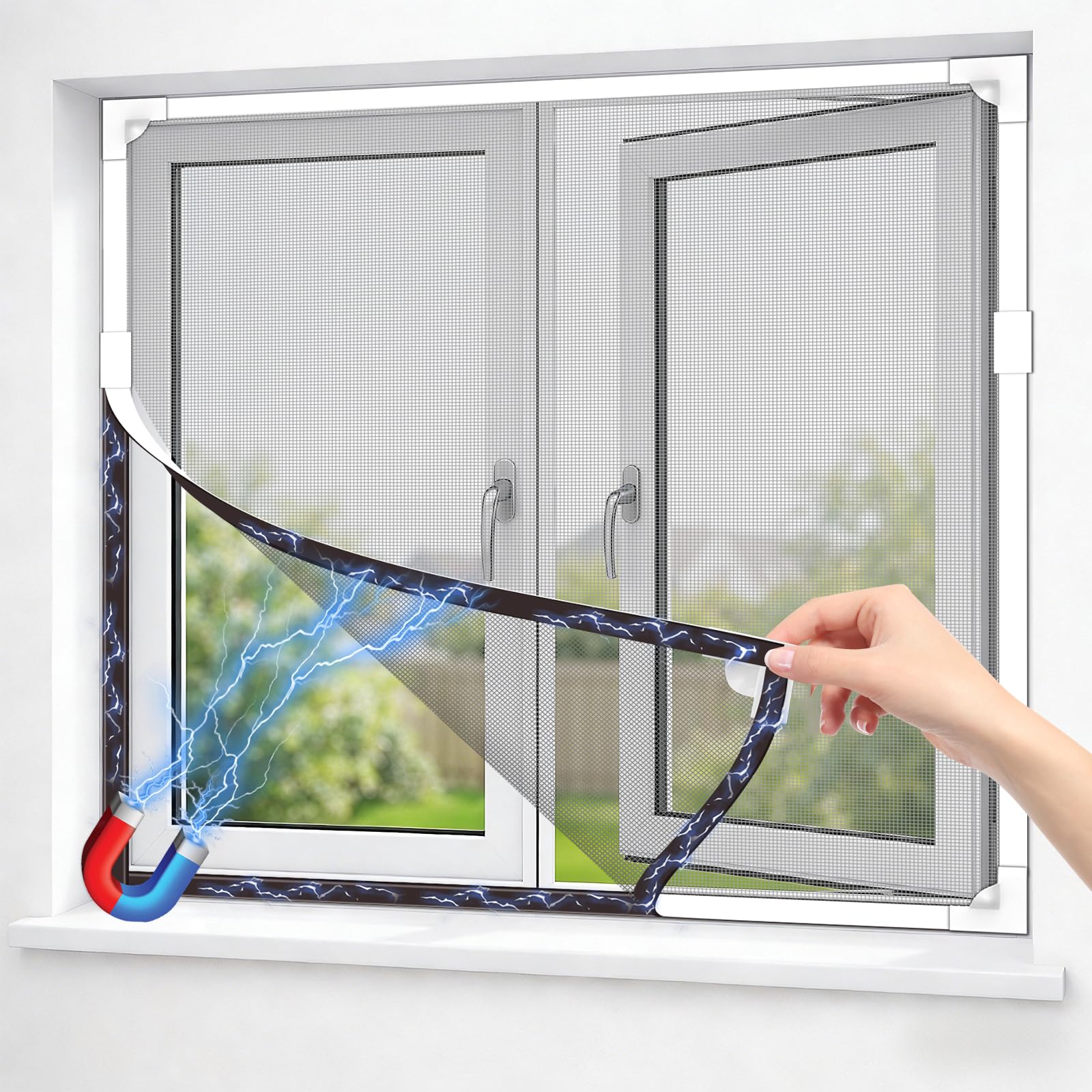 OWYR Adjustable Magnetic Fly Screens for Windows Fit Max 131x150cm, DIY Fiberglass Window Netting for Insects, Full Frame Magnetic Strip Easy Installation (White Frame Grey Net)