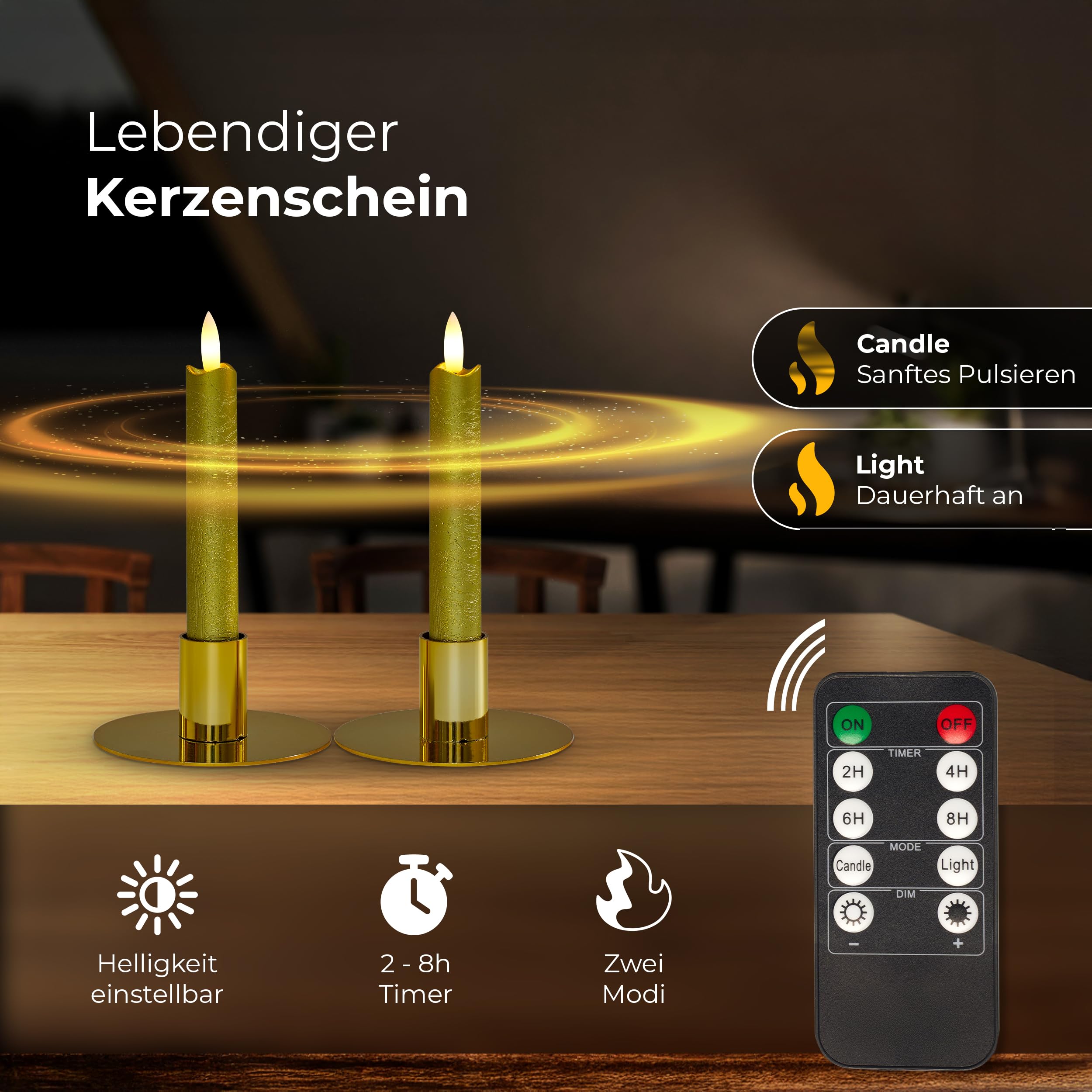 Candele a LED con timer, oro, 6 pezzi, per interni, 6 ore, vera cera, 18 cm, altezza per candele, diametro 2,2 cm, 2 batterie AAA necessarie, candele LED, set da 4 pezzi, oro (due volte), fiamma