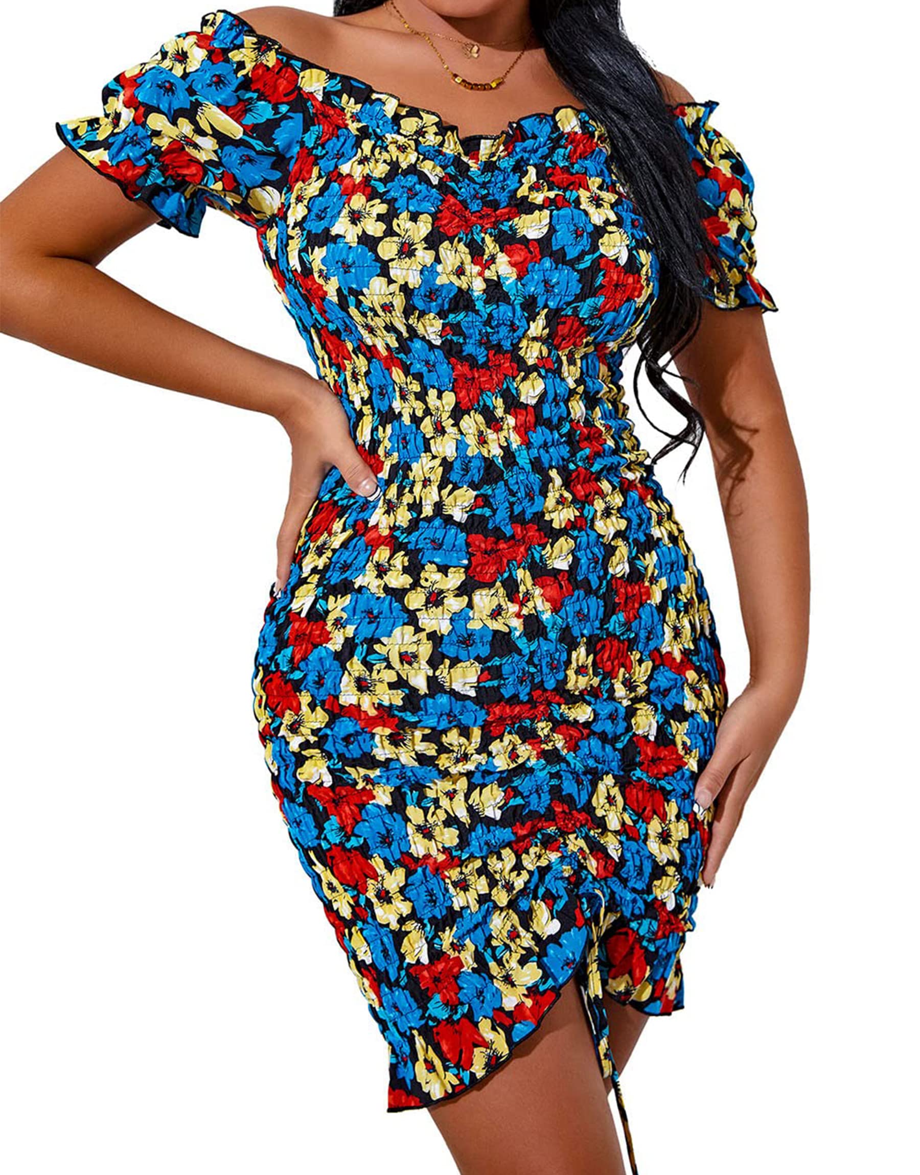 PRETTYGARDEN Women's Summer Off Shoulder Bodycon Dresses Short Sleeve Drawstring Sexy Mini Party Club Smocked Dress