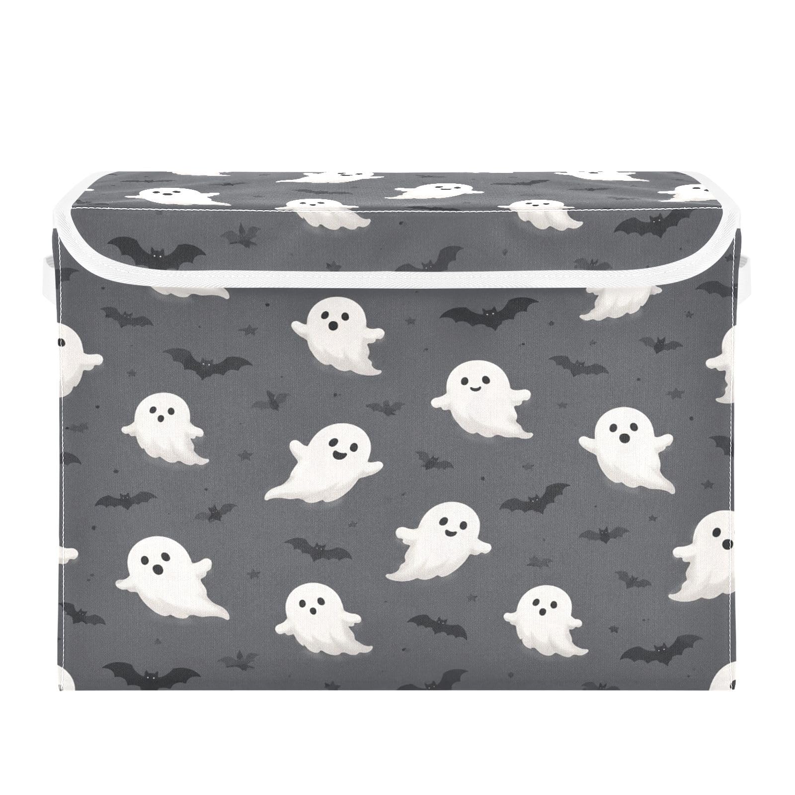 Ewusp Halloween Boo Fabric Storage Bin with Lid, Decorative Foldable Storage Basket with Handles, Stackable Closet Shelf Organiser Box for Clothes, Books, Bedroom, Living Room