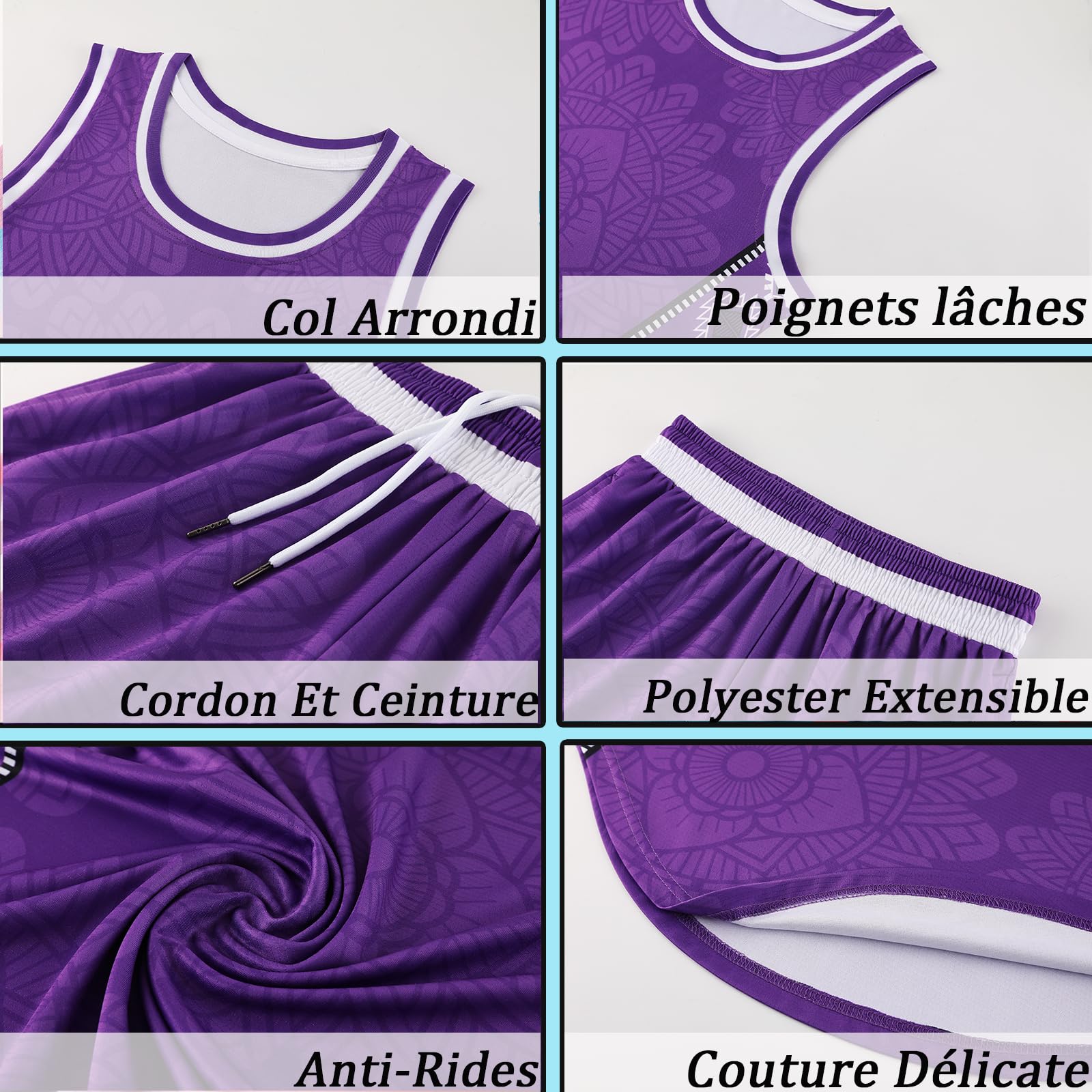 Maillot de Basket Personnalisé Chemise et Short Ensemble Basket avec Nom Numéro Logo de L'équipe Personnalisables pour Hommes Femmes Enfants Trousse Basket