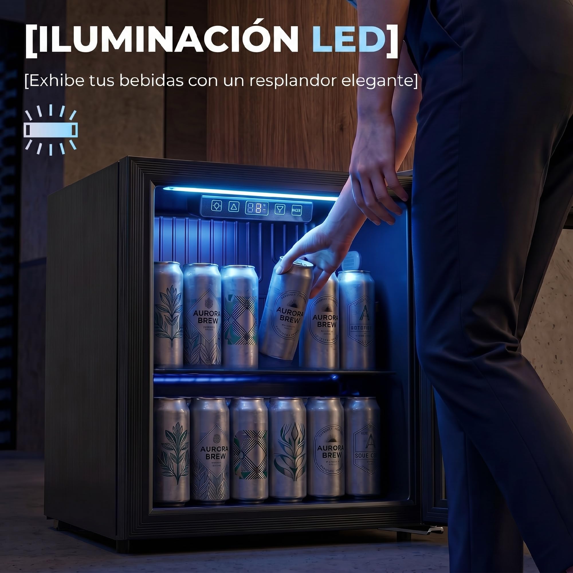 HOMCOM Frigorífico de Bebidas 50 L, Mini Nevera con Puerta de Vidrio Doble, Iluminación LED, Estante Ajustable, 2-18℃, para 48 Latas, Nevera Pequeña para Refrescos, Cerveza y Vino