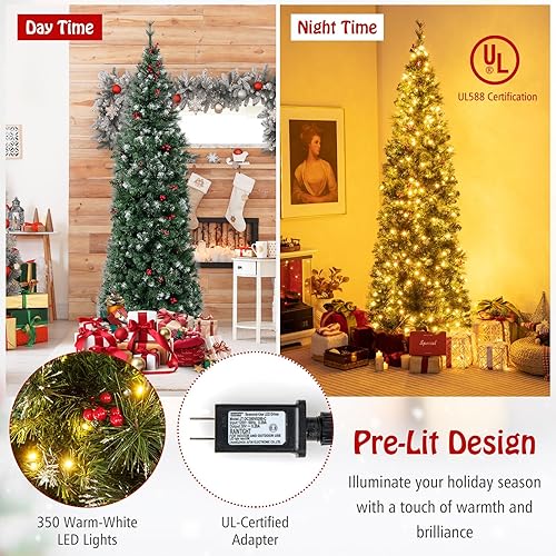 Miniatura 2 de Goplus Árbol de Navidad preiluminado de 7 pies, árbol de Navidad artificial delgado con bisagras con 350 luces LED blancas cálidas, 818 puntas de