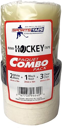 SportsTape - Cinta de hockey (6 unidades, 2 blancas, 1 negra, 3 transparentes)