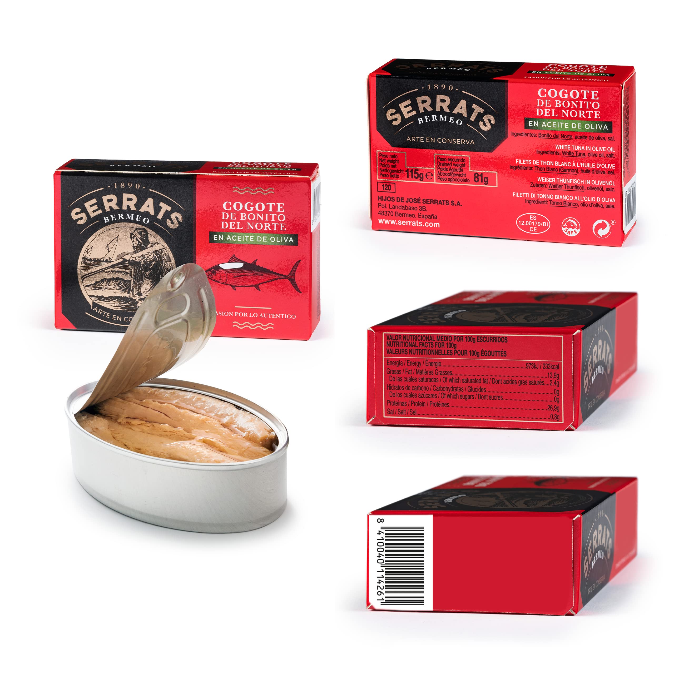 CONSERVAS SERRATS - Geschenkbox Pack Bermeo - 9 Gourmet-Konserven aus dem Kantabrischen Meer - Weißer Thunfisch, Bauchlappen, Miesmuscheln und Sardinen - Baskische Handwerkliche Herstellung