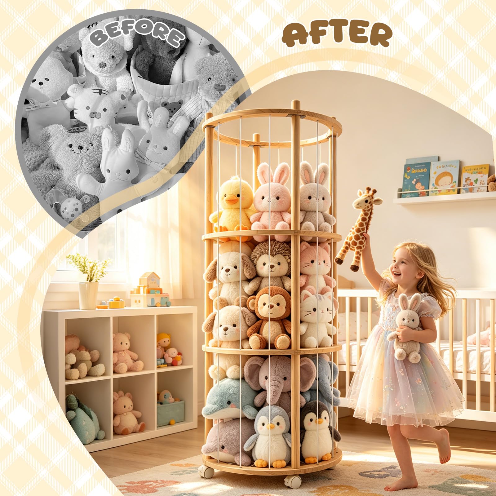 Rangement Peluches En Bois,Range Peluches Avec Roues Équipées De Freins 360° Grande Capacité 137 X 51 X 51 Cm,Rangement Doudou Pour Chambres D'Enfants,Salles De Jeux,Salons