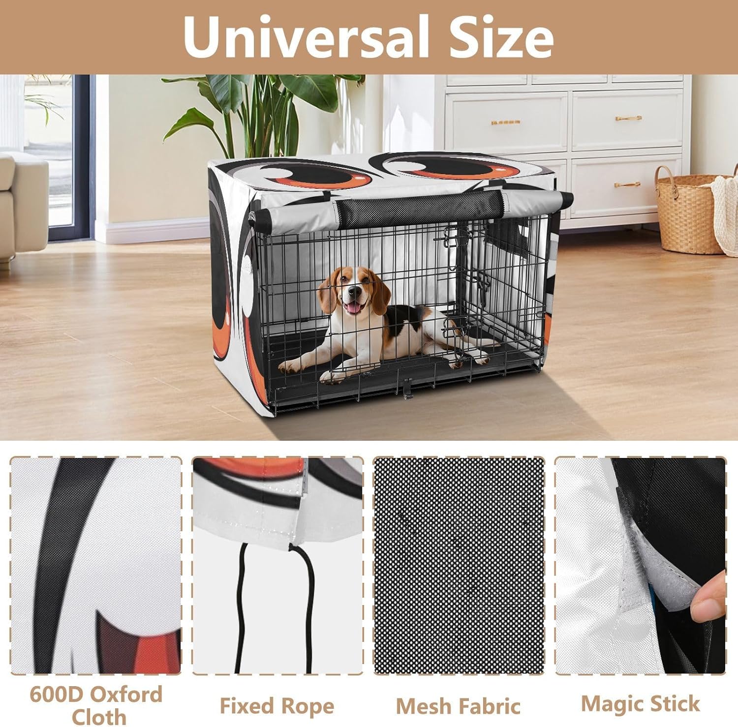 Simple Cartoon Eyes Dog Crate Cover S-XL UV-Resistant Pet Cage Cover with Mesh Windows, Reduces Barking, Large