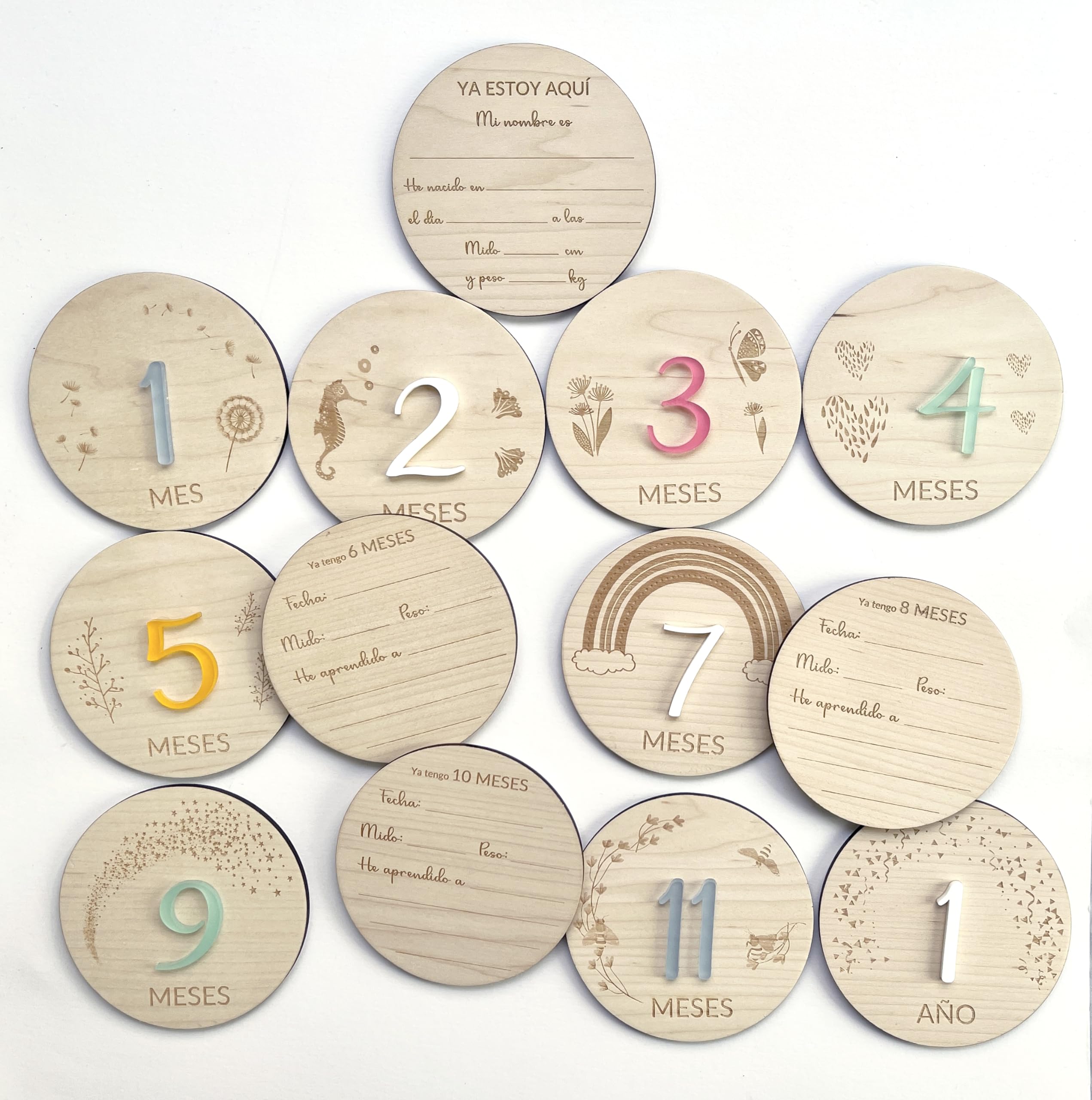 Qukimax® Cumplemes Personalizado de Madera Natural | En castellano, català, valencià, galego, Placas cumple mes, Regalo bebé, Recién nacido