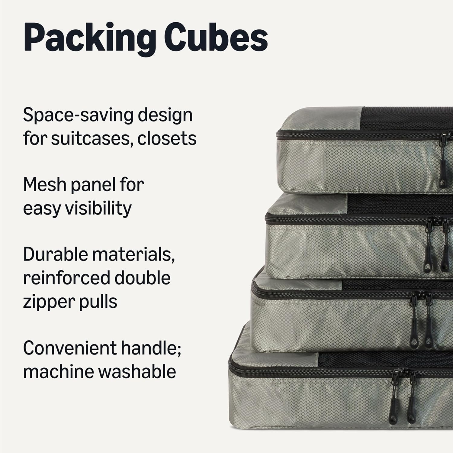 Amazon Essentials 4-Piece Packing Cubes Travel Accessories Set, Luggage Organizer, Suitcase Organizer with Double Zipper, Mesh Top, Space-Saving, Large, Gray (Previously Amazon Basics) - Image 2